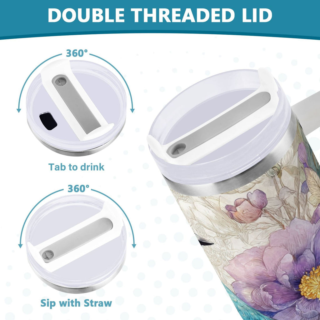 30 oz Insulated Stainless Steel Tumbler Double Wall Stainless Steel Tumbler with 2-Way Drinking Bluebird and Flower