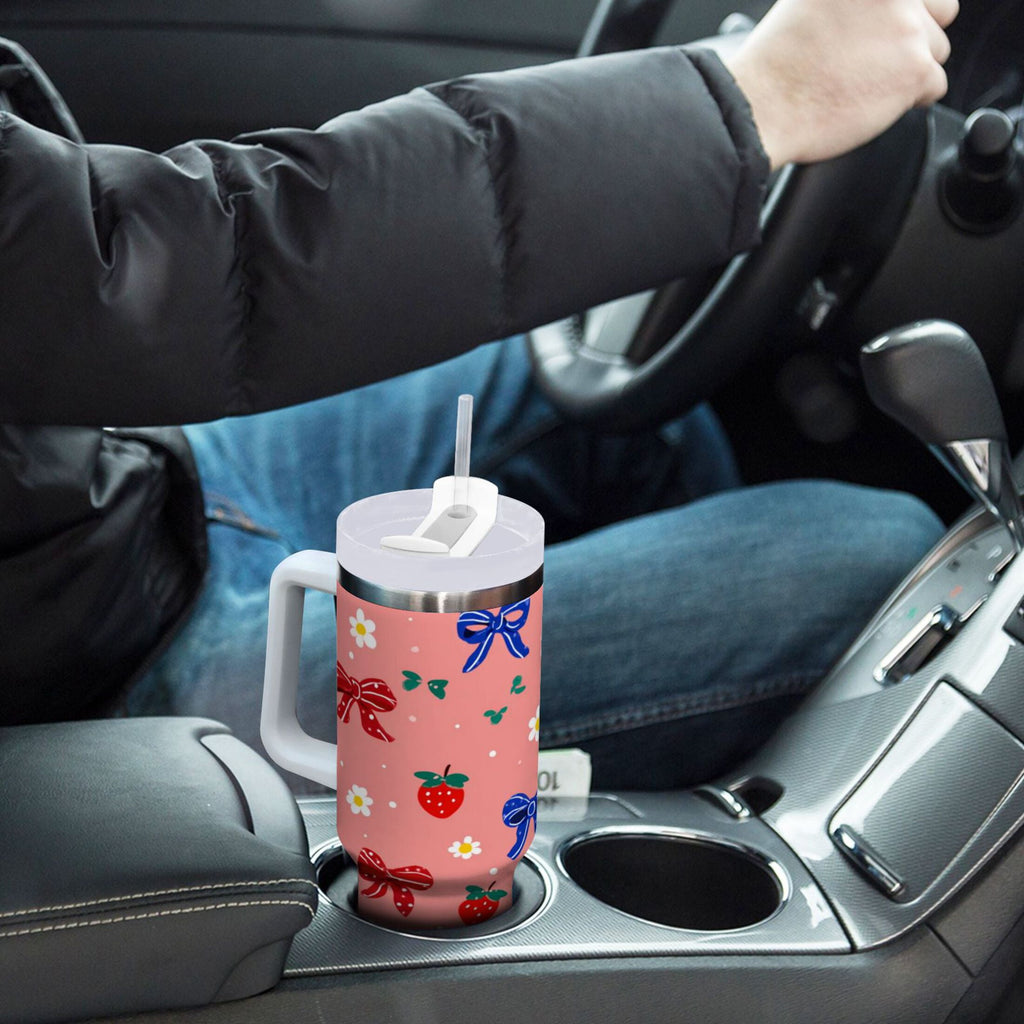 40 oz Insulated Stainless Steel Tumbler Double Wall Stainless Steel Tumbler with 2-Way Drinking Bows and Strawberries Pattern