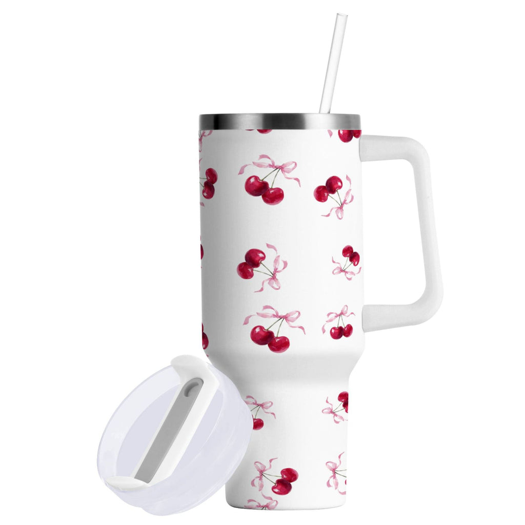 30 oz Insulated Stainless Steel Tumbler Double Wall Stainless Steel Tumbler with 2-Way Drinking Watercolor Cherries Pattern
