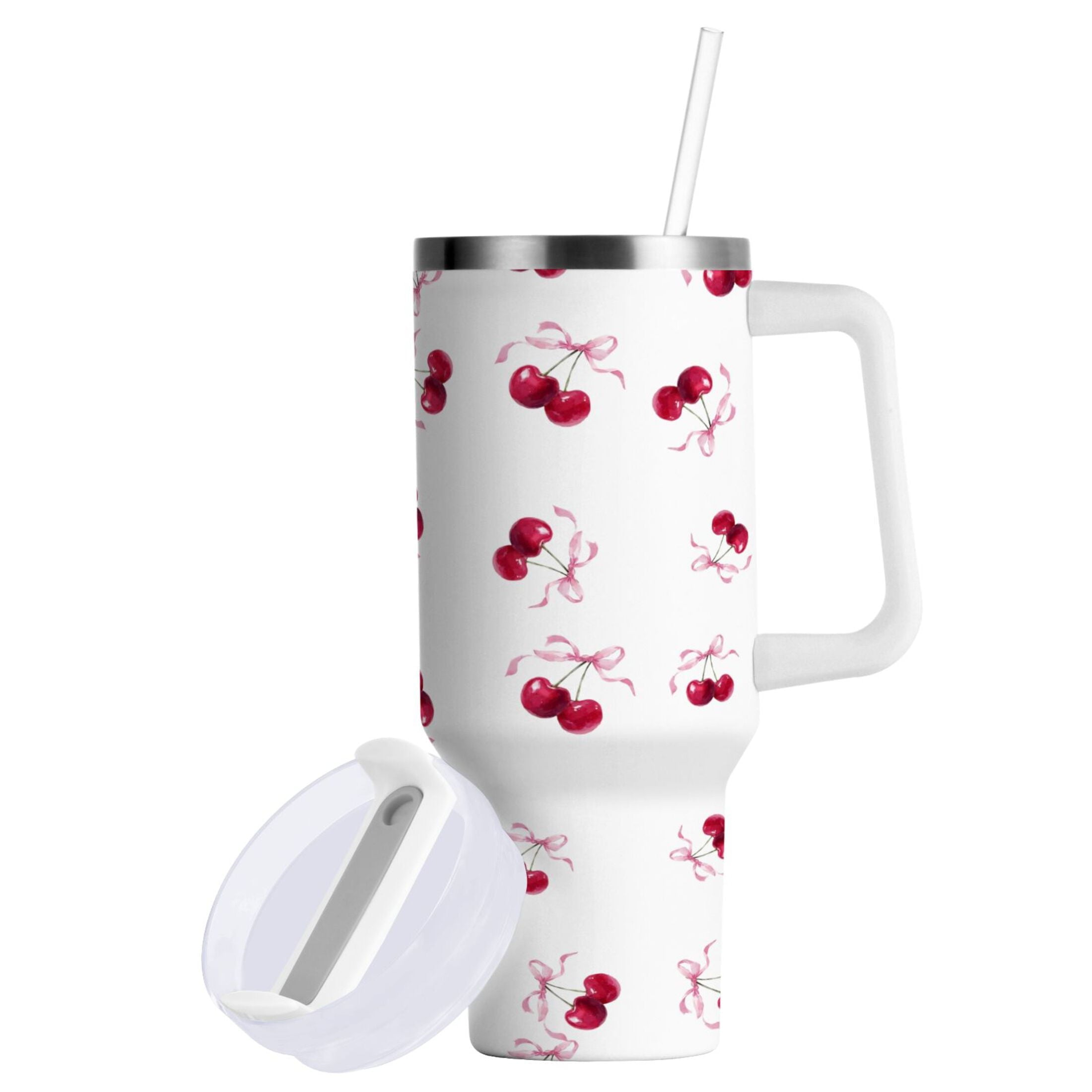 30 oz Insulated Stainless Steel Tumbler Double Wall Stainless Steel Tumbler with 2-Way Drinking Watercolor Cherries Pattern