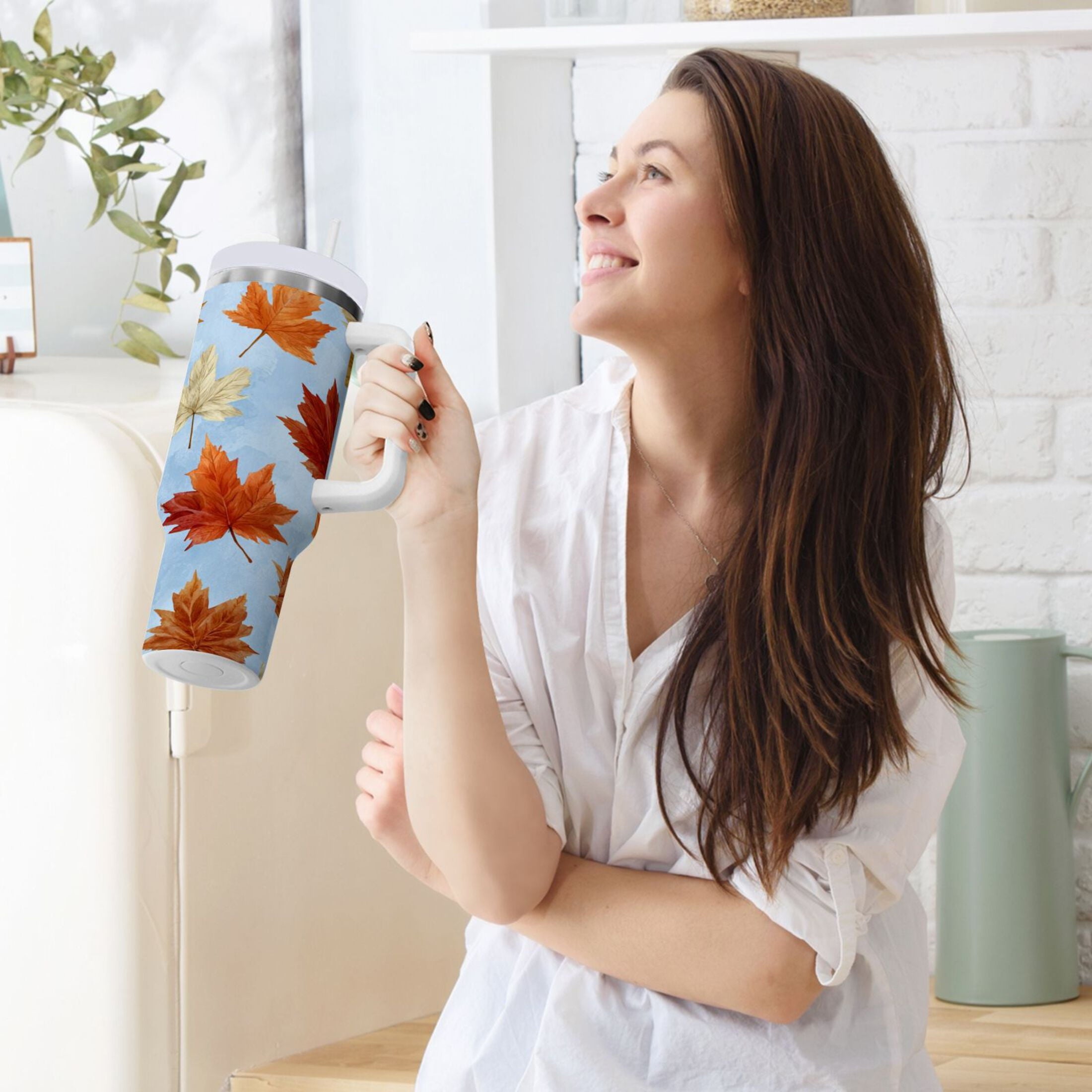 30 oz Insulated Stainless Steel Tumbler Double Wall Stainless Steel Tumbler with 2-Way Drinking Autumn Maple Leaves