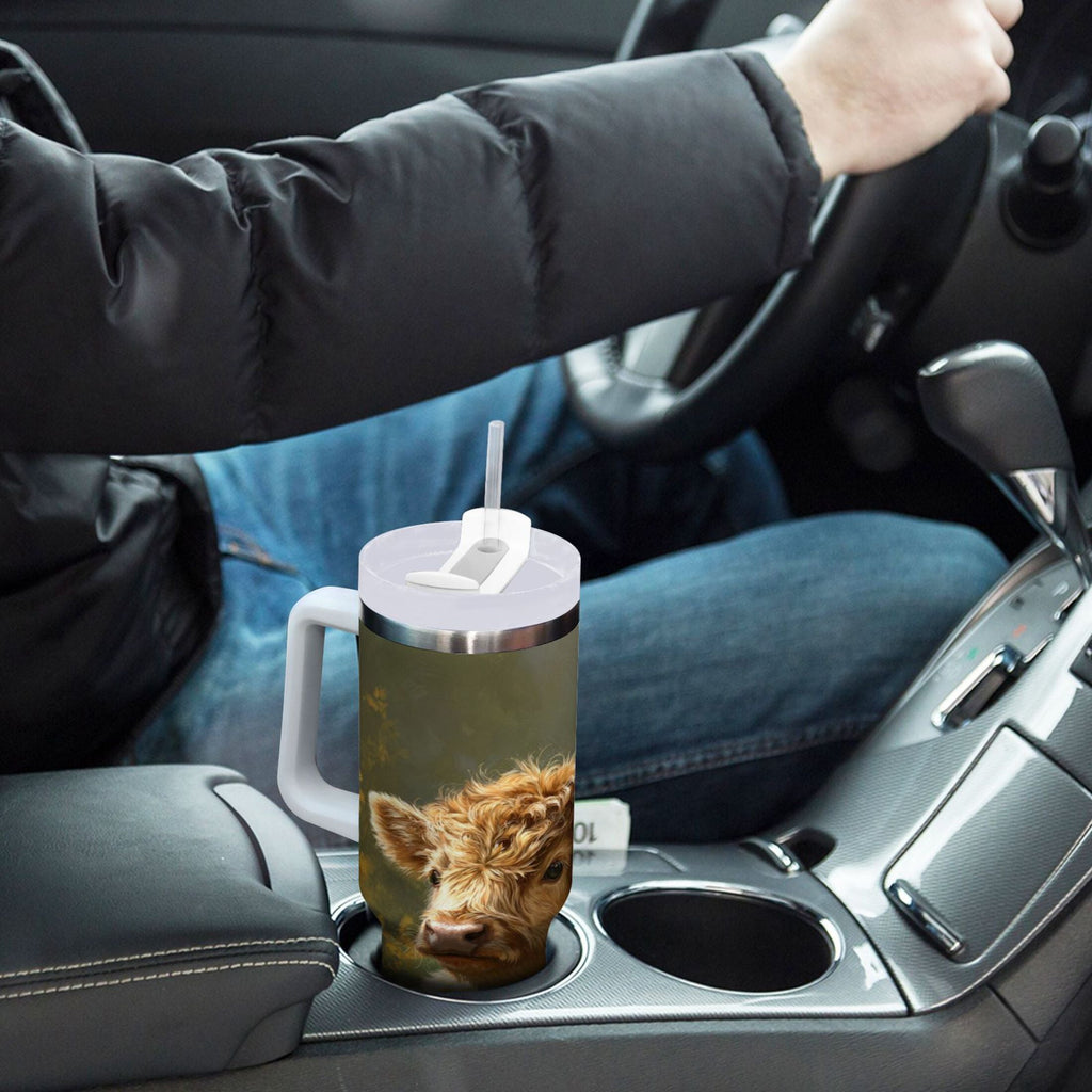 40 oz Insulated Stainless Steel Tumbler Double Wall Stainless Steel Tumbler with 2-Way Drinking Cow Lying in Sunflowers