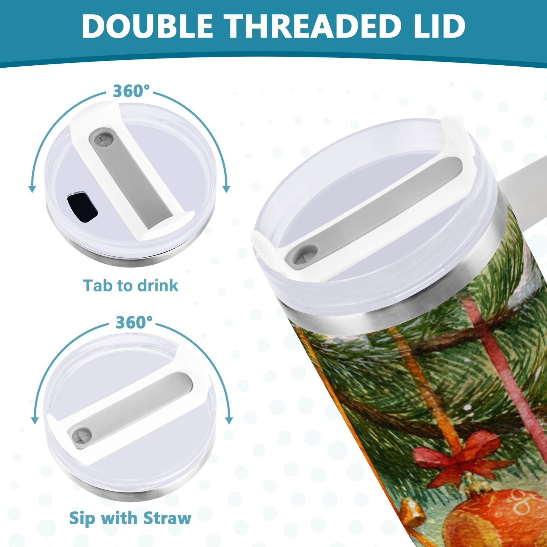 30 oz Insulated Stainless Steel Tumbler Double Wall Stainless Steel Tumbler with 2-Way Drinking Christmas Ornaments Watercolor Painting