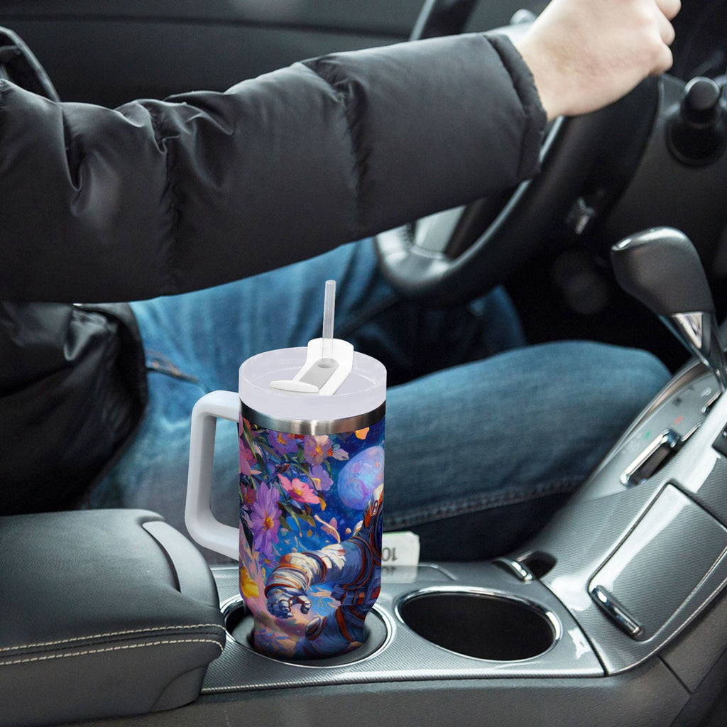 40 oz Insulated Stainless Steel Tumbler Double Wall Stainless Steel Tumbler with 2-Way Drinking Astronaut and Colorful Flowers