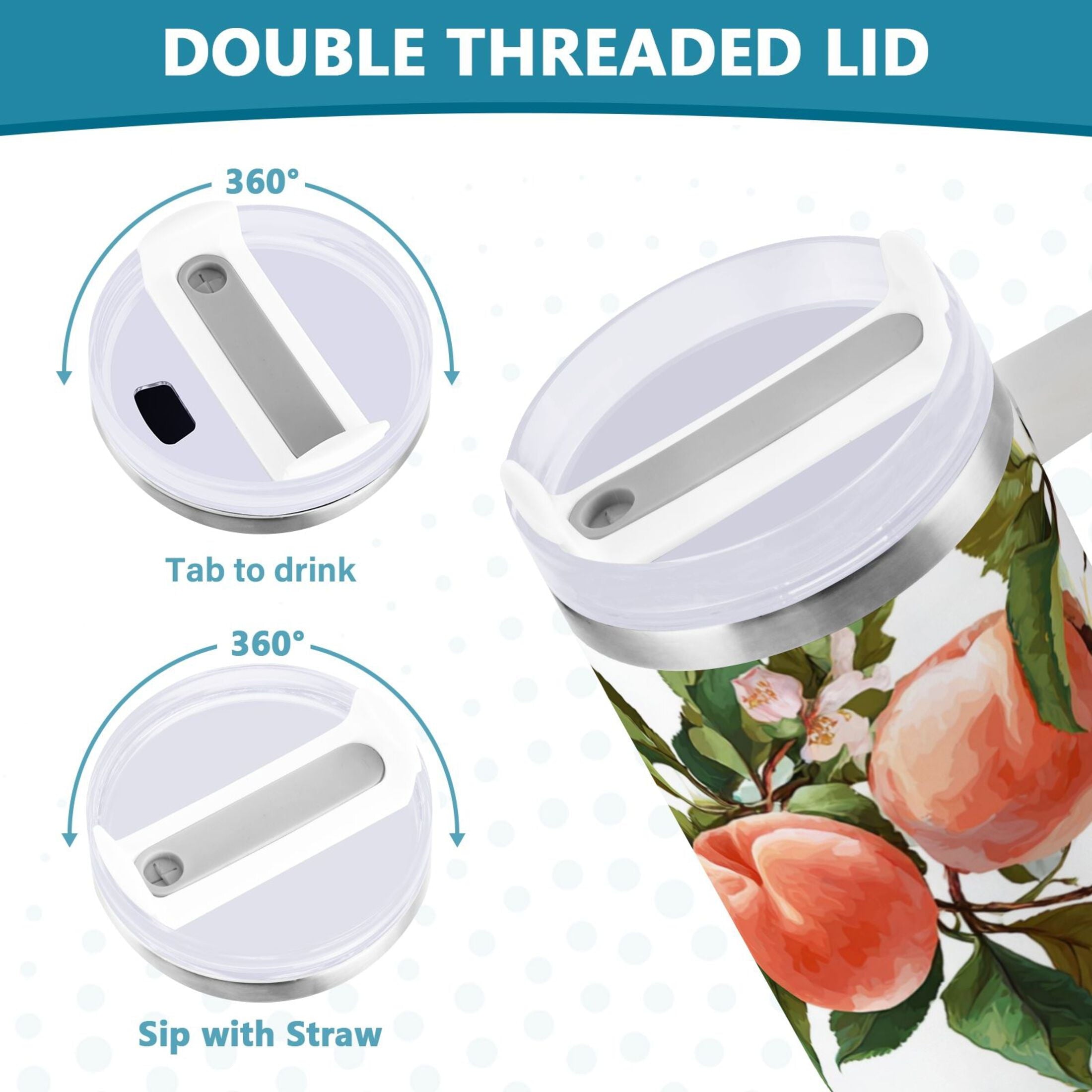 30 oz Insulated Stainless Steel Tumbler Double Wall Stainless Steel Tumbler with 2-Way Drinking Peach Fruit Pattern