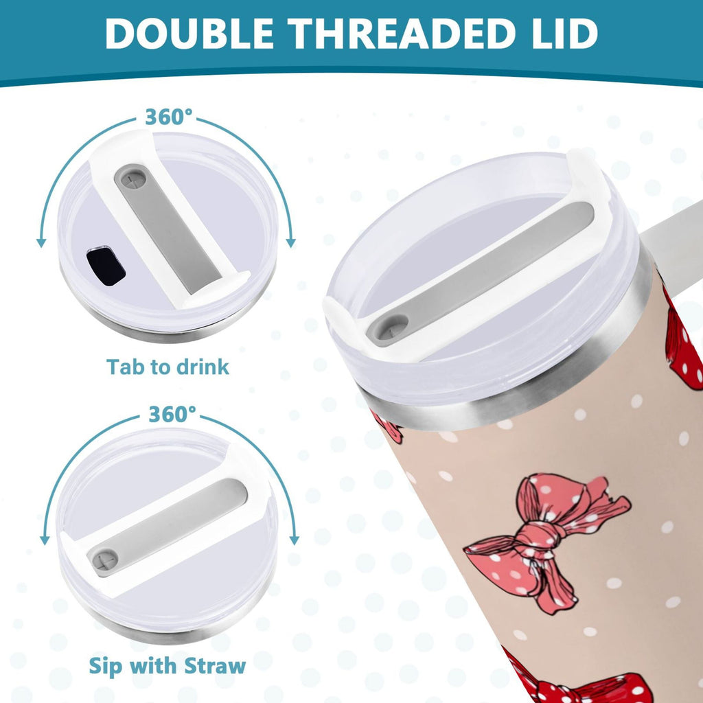 30 oz Insulated Stainless Steel Tumbler Double Wall Stainless Steel Tumbler with 2-Way Drinking Cute Red Bows Pattern