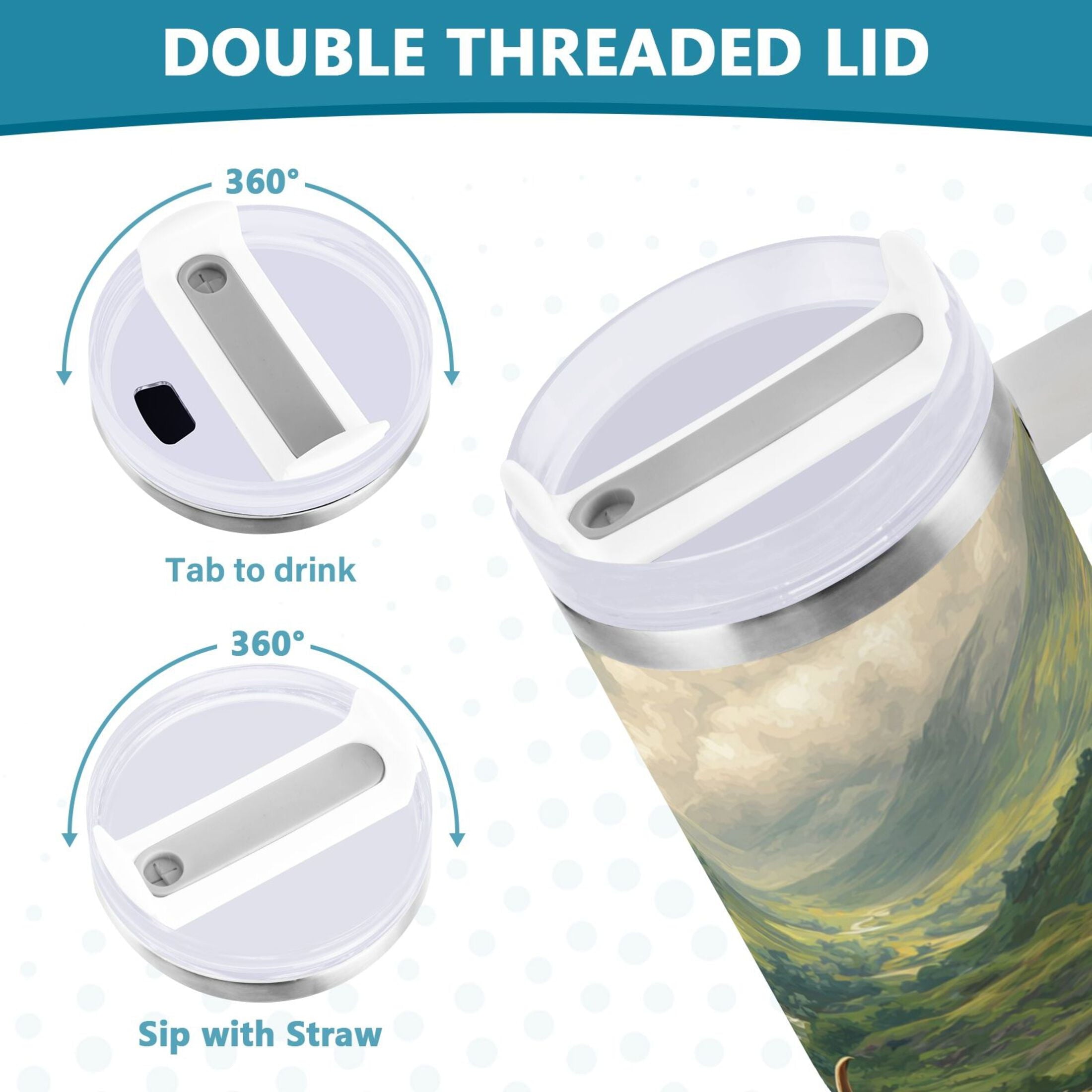30 oz Insulated Stainless Steel Tumbler Double Wall Stainless Steel Tumbler with 2-Way Drinking Cow in Green Rolling Hills