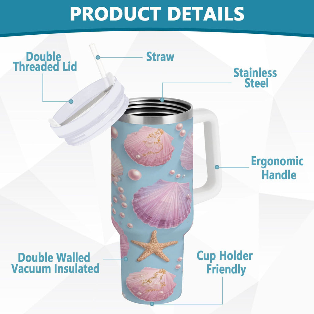 40 oz Insulated Stainless Steel Tumbler Double Wall Stainless Steel Tumbler with 2-Way Drinking Seashells and Pearls Pattern