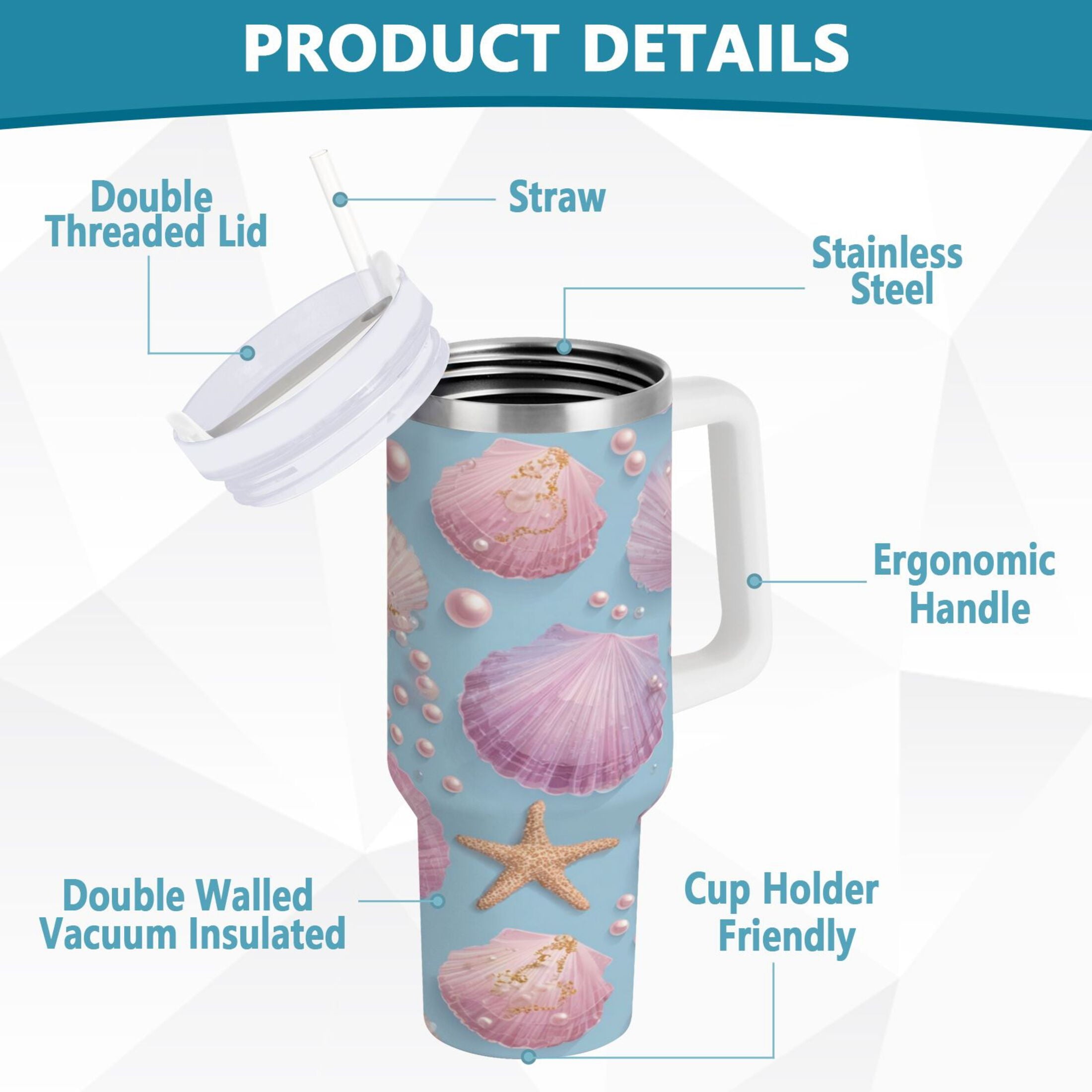 40 oz Insulated Stainless Steel Tumbler Double Wall Stainless Steel Tumbler with 2-Way Drinking Seashells and Pearls Pattern