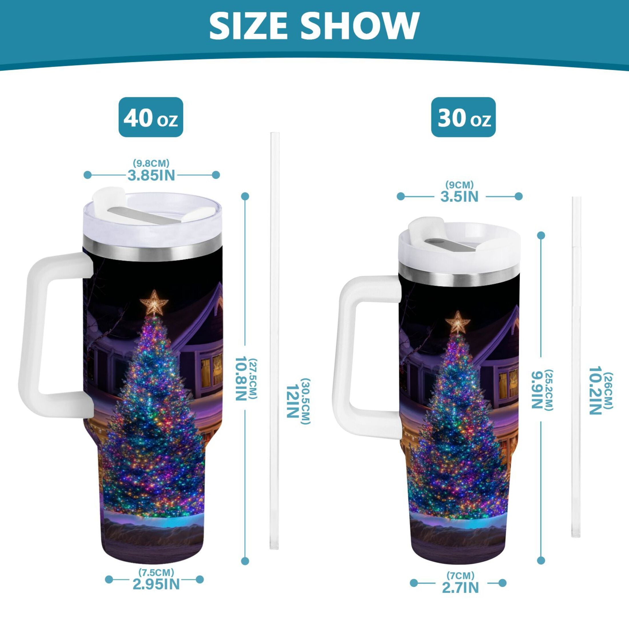 40 oz Insulated Stainless Steel Tumbler Double Wall Stainless Steel Tumbler with 2-Way Drinking Christmas Trees with Lights