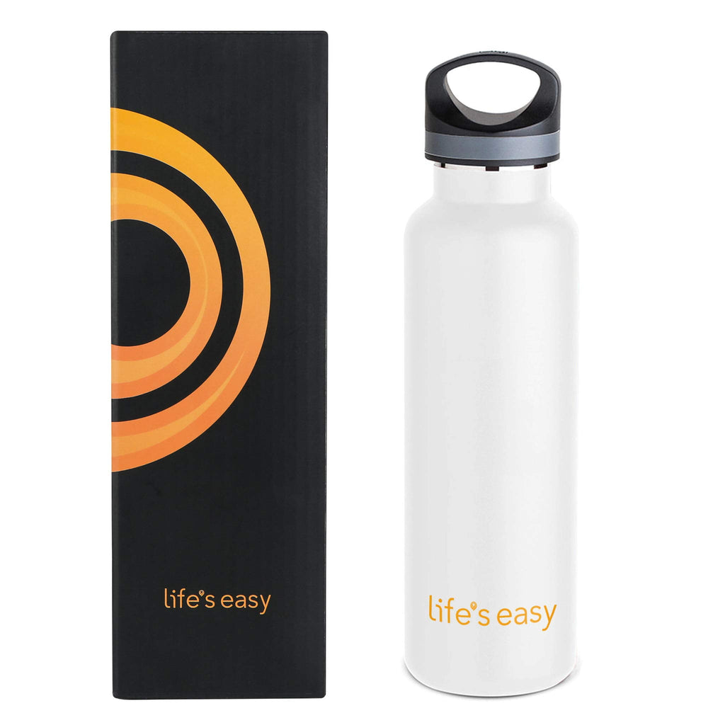 LIFE'S EASY 20 oz. Sports Insulated Water Bottle with Lid. Stainless Steel Vacuum Double Wall Thermo for Modern Hot and Cold Drinks, Simple Metal Hydro Canteen for Travel Men and Women (White)