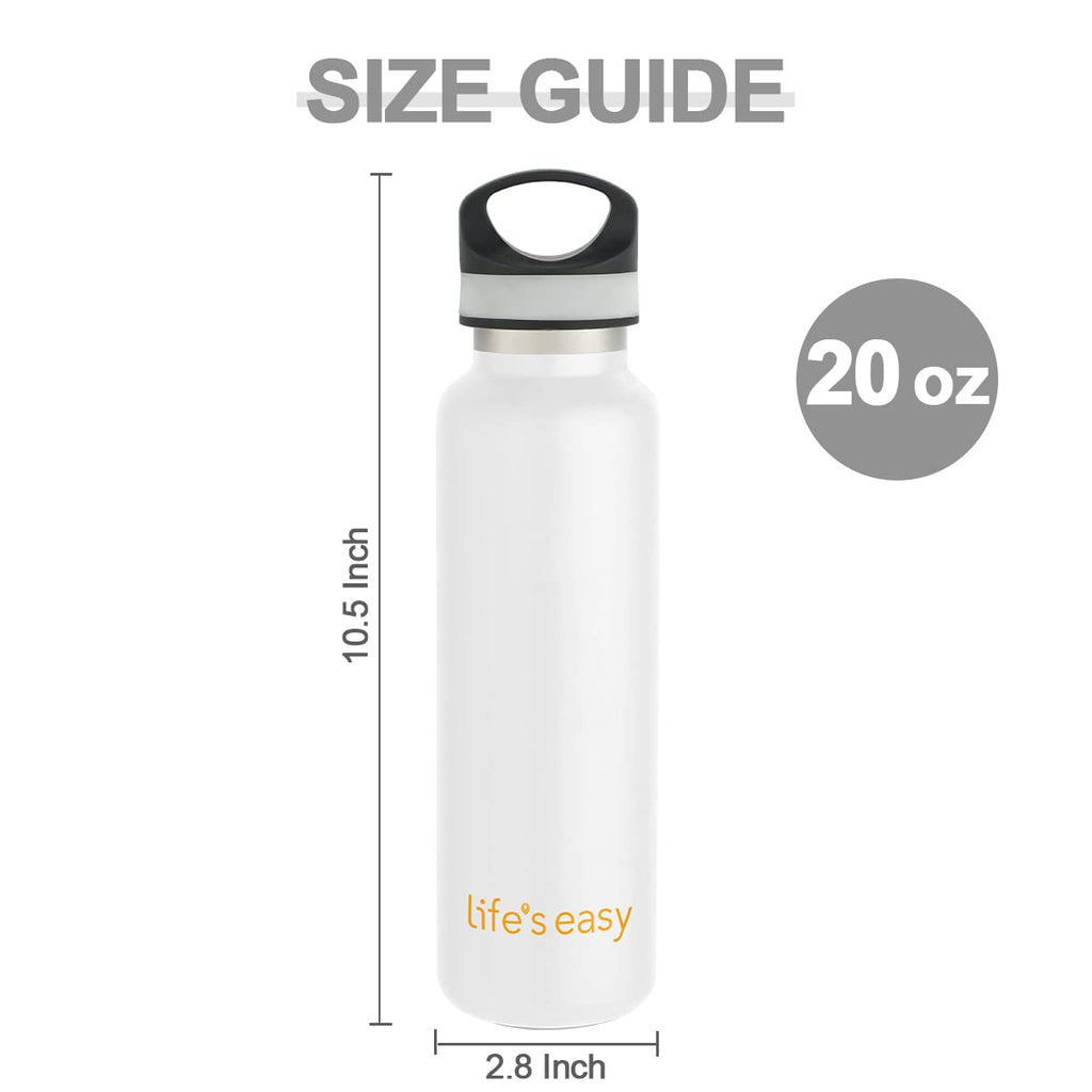 LIFE'S EASY 20 oz. Sports Insulated Water Bottle with Lid. Stainless Steel Vacuum Double Wall Thermo for Modern Hot and Cold Drinks, Simple Metal Hydro Canteen for Travel Men and Women (White)