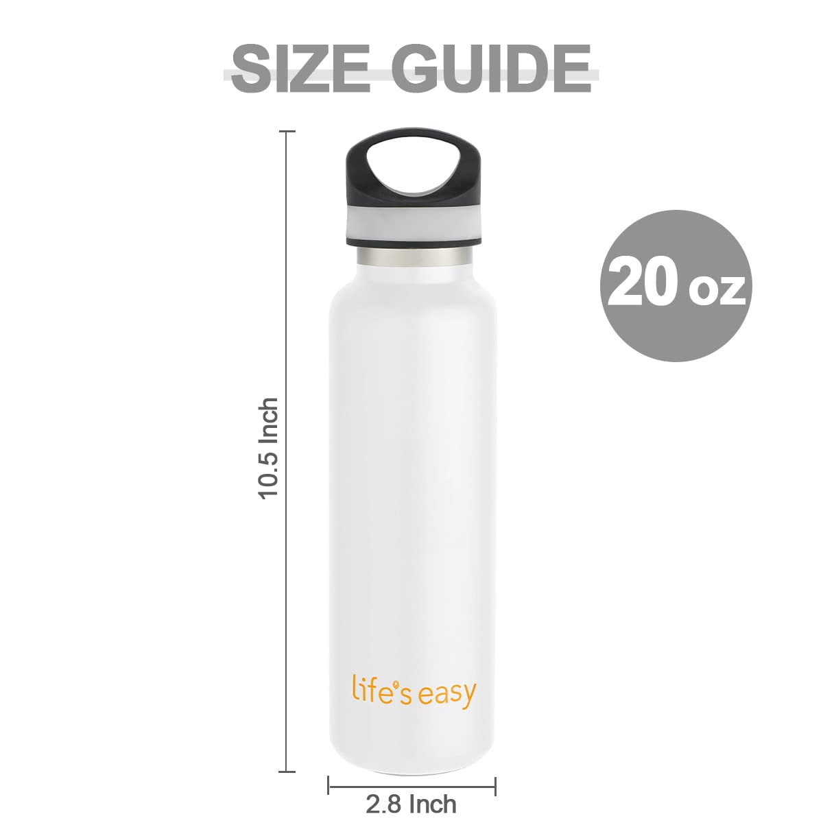 LIFE'S EASY 20 oz. Sports Insulated Water Bottle with Lid. Stainless Steel Vacuum Double Wall Thermo for Modern Hot and Cold Drinks, Simple Metal Hydro Canteen for Travel Men and Women (White)