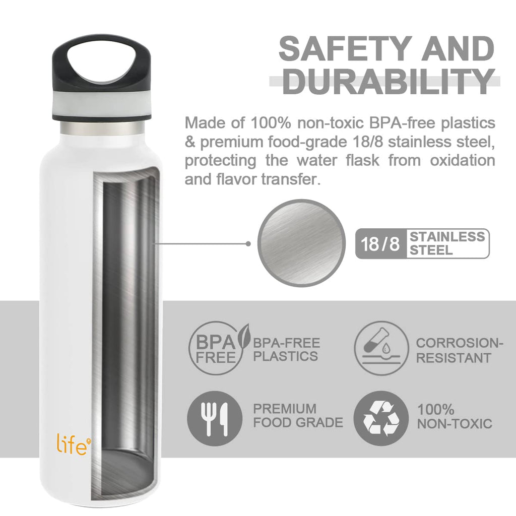 LIFE'S EASY 20 oz. Sports Insulated Water Bottle with Lid. Stainless Steel Vacuum Double Wall Thermo for Modern Hot and Cold Drinks, Simple Metal Hydro Canteen for Travel Men and Women (White)