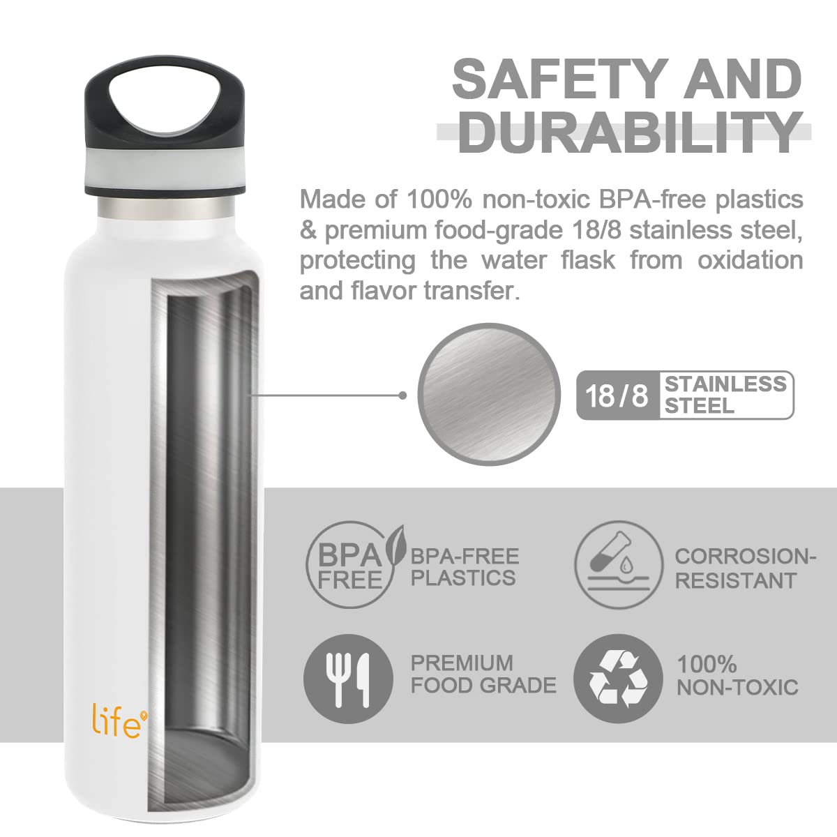 LIFE'S EASY 20 oz. Sports Insulated Water Bottle with Lid. Stainless Steel Vacuum Double Wall Thermo for Modern Hot and Cold Drinks, Simple Metal Hydro Canteen for Travel Men and Women (White)