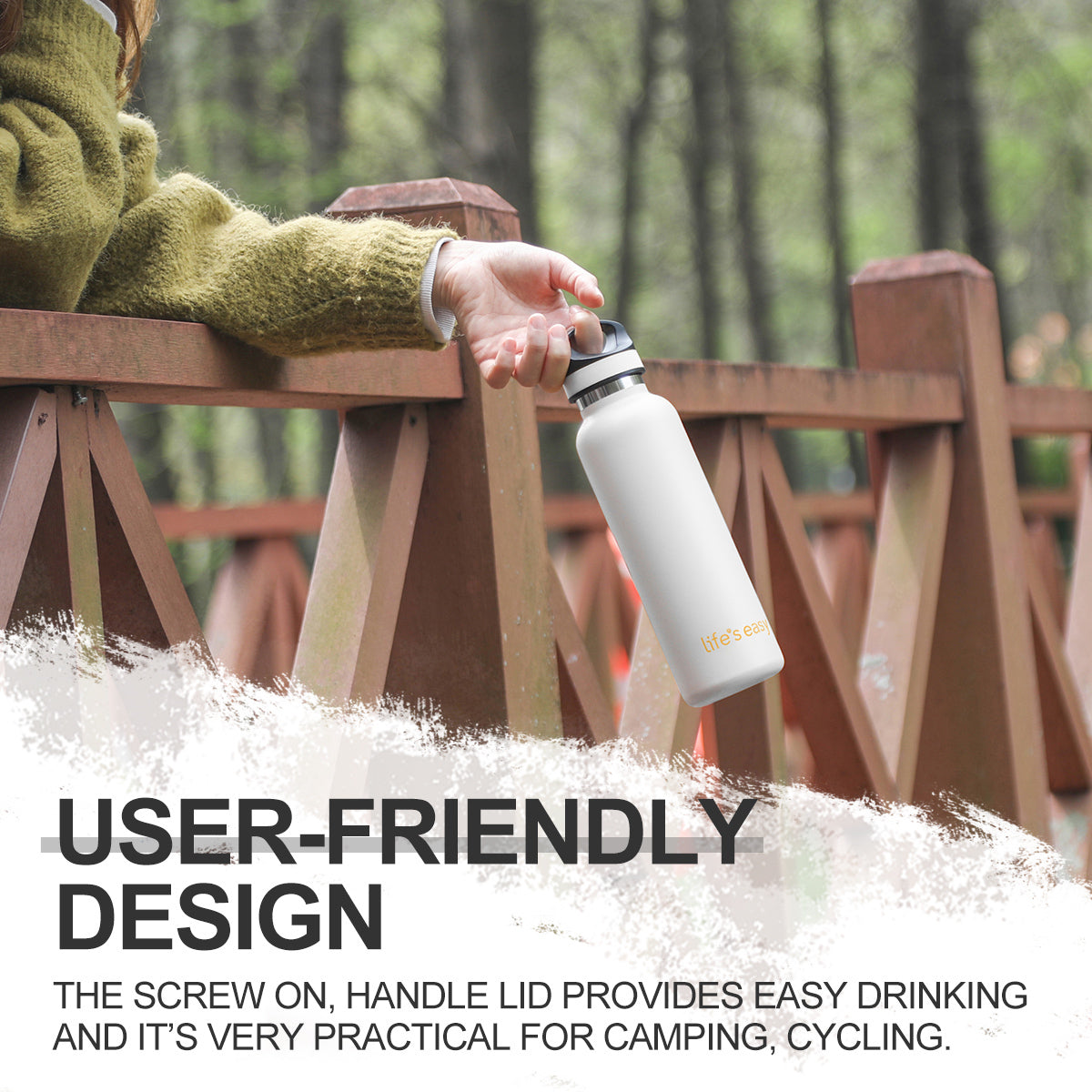 LIFE'S EASY 20 oz. Sports Insulated Water Bottle with Lid. Stainless Steel Vacuum Double Wall Thermo for Modern Hot and Cold Drinks, Simple Metal Hydro Canteen for Travel Men and Women (White)