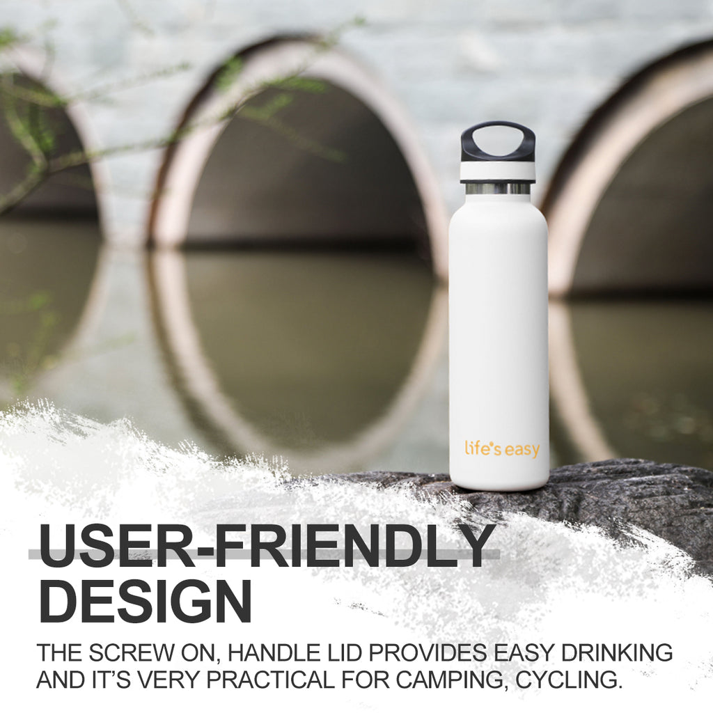 LIFE'S EASY 20 oz. Sports Insulated Water Bottle with Lid. Stainless Steel Vacuum Double Wall Thermo for Modern Hot and Cold Drinks, Simple Metal Hydro Canteen for Travel Men and Women (White)
