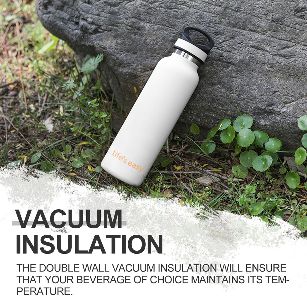 LIFE'S EASY 20 oz. Sports Insulated Water Bottle with Lid. Stainless Steel Vacuum Double Wall Thermo for Modern Hot and Cold Drinks, Simple Metal Hydro Canteen for Travel Men and Women (White)