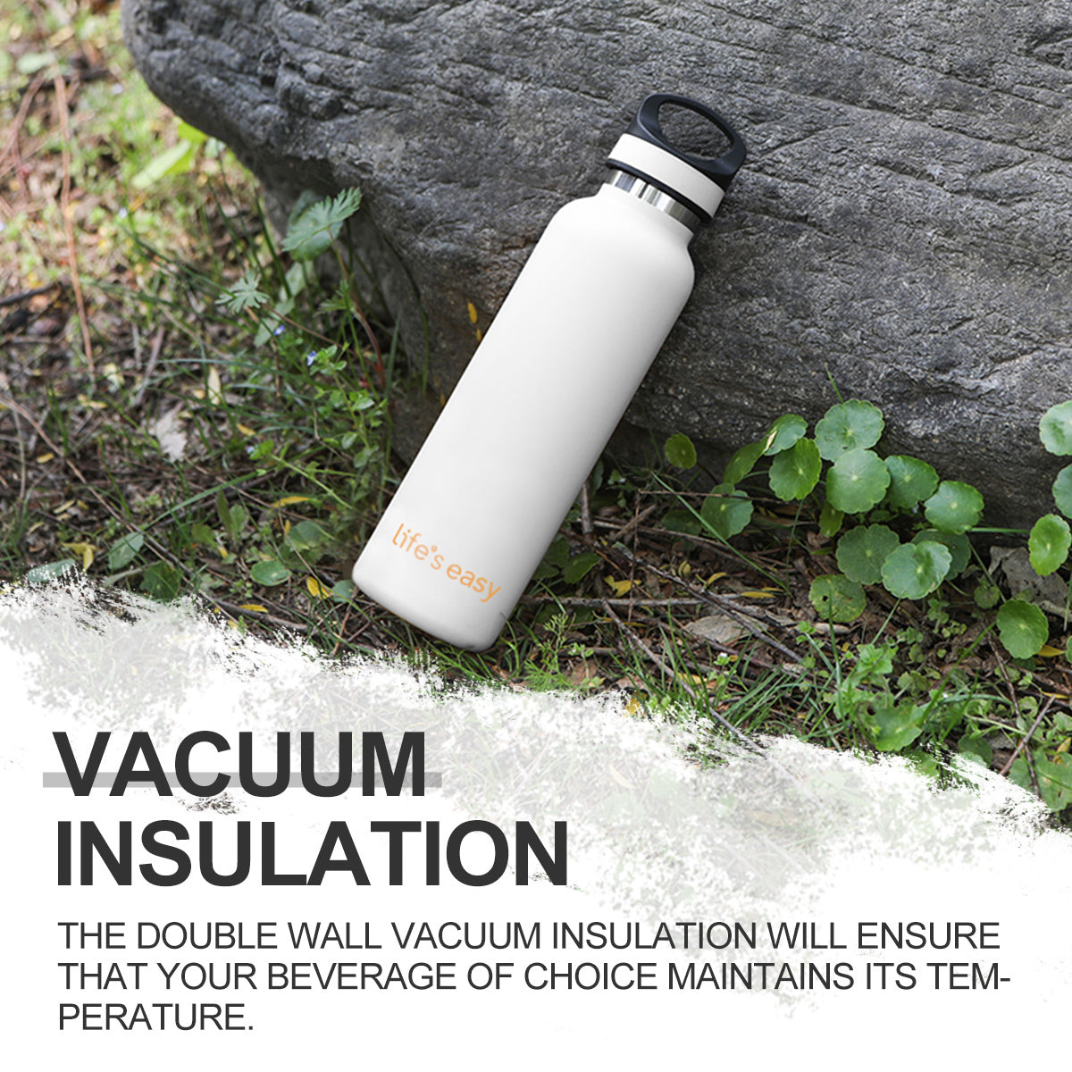 LIFE'S EASY 20 oz. Sports Insulated Water Bottle with Lid. Stainless Steel Vacuum Double Wall Thermo for Modern Hot and Cold Drinks, Simple Metal Hydro Canteen for Travel Men and Women (White)