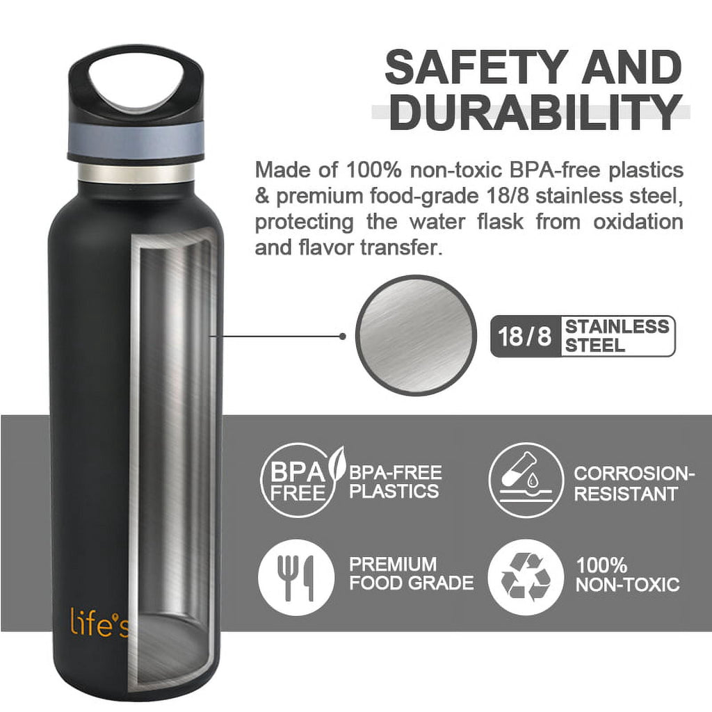LIFE'S EASY 20 oz. Sports Insulated Water Bottle with Lid. Stainless Steel Vacuum Double Wall Thermo for Modern Hot and Cold Drinks, Simple Metal Hydro Canteen for Travel Men and Women (White)