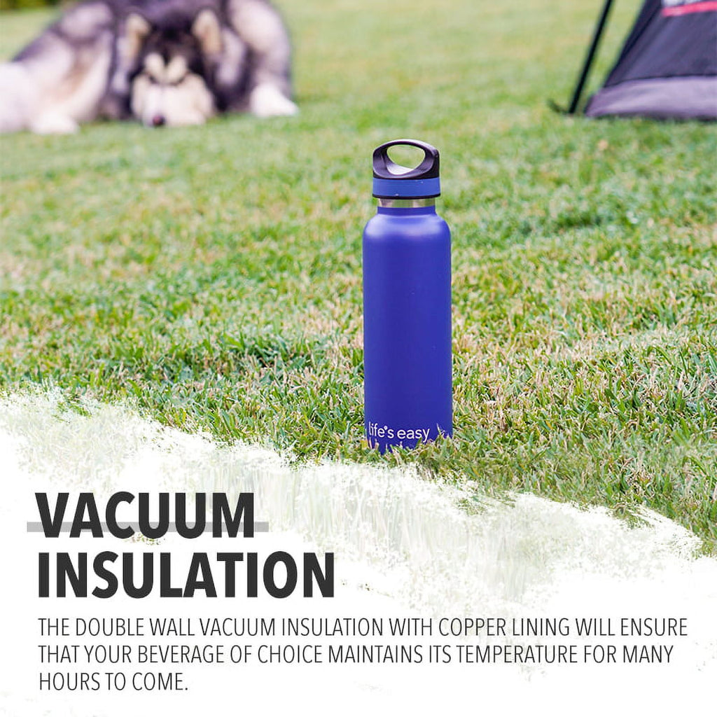 LIFE'S EASY 20 oz. Sports Insulated Water Bottle with Lid. Stainless Steel Vacuum Double Wall Thermo for Modern Hot and Cold Drinks, Simple Metal Hydro Canteen for Travel Men and Women (White)