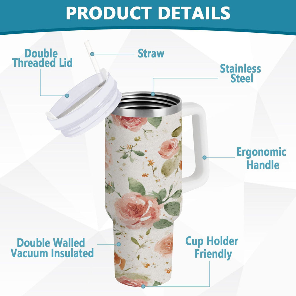 40 oz Insulated Stainless Steel Tumbler Double Wall Stainless Steel Tumbler with 2-Way Drinking Watercolor Rose Floral Pattern