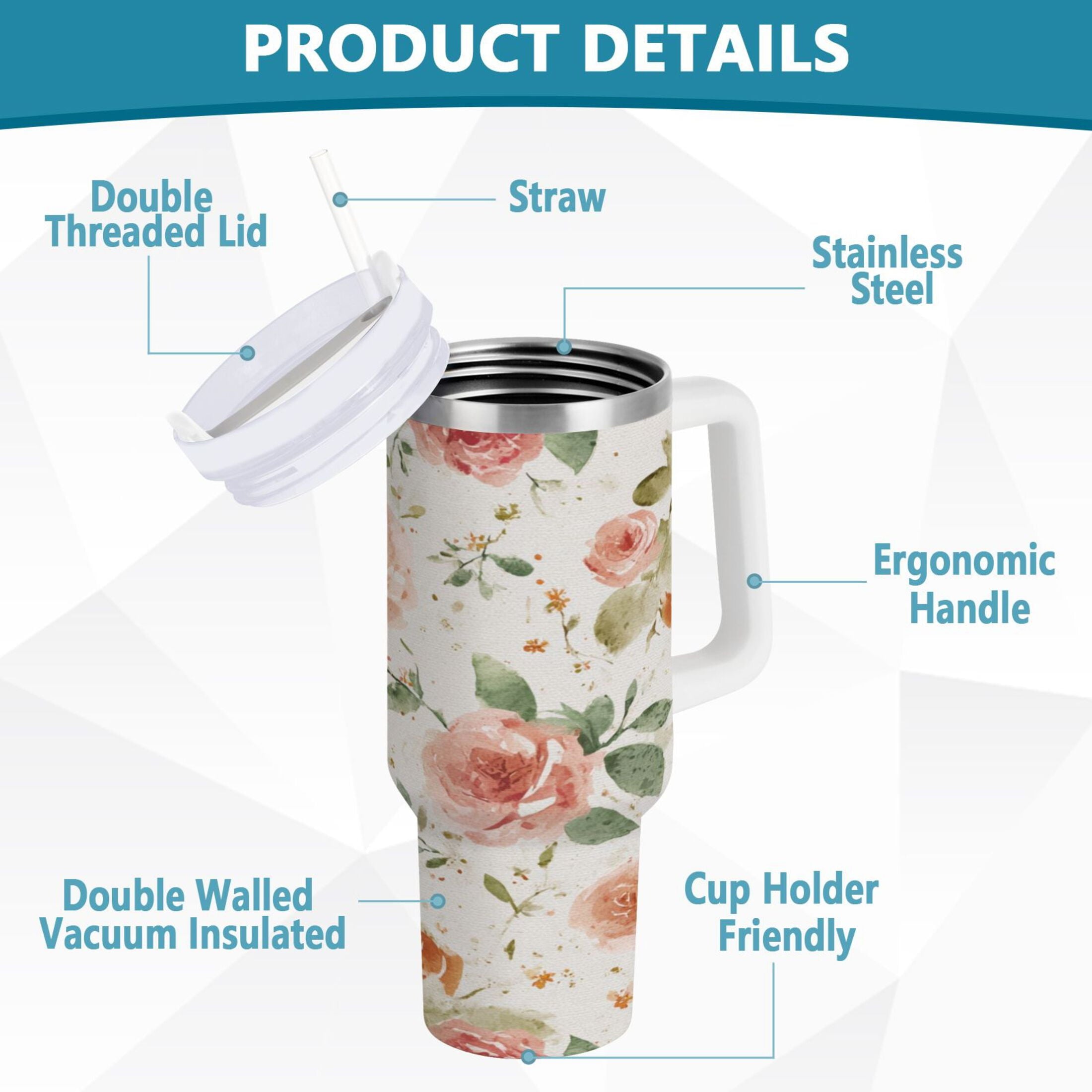 40 oz Insulated Stainless Steel Tumbler Double Wall Stainless Steel Tumbler with 2-Way Drinking Watercolor Rose Floral Pattern