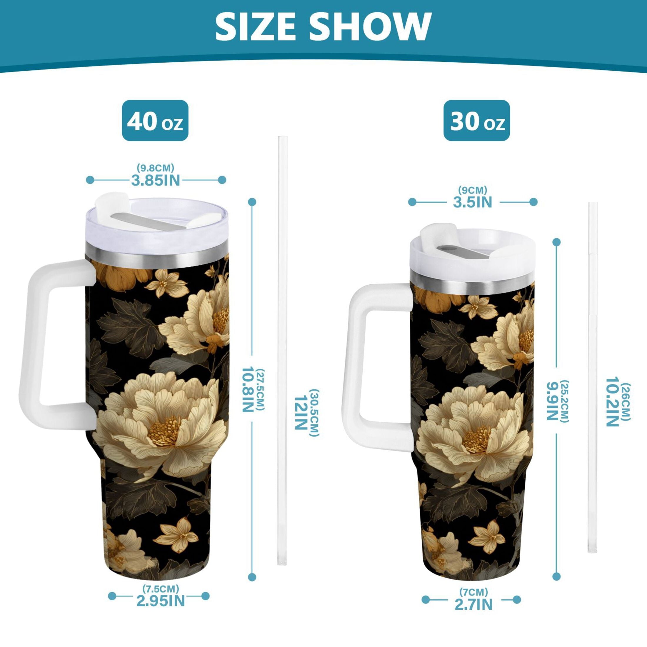 30 oz Insulated Stainless Steel Tumbler Double Wall Stainless Steel Tumbler with 2-Way Drinking Elegant Beige Floral
