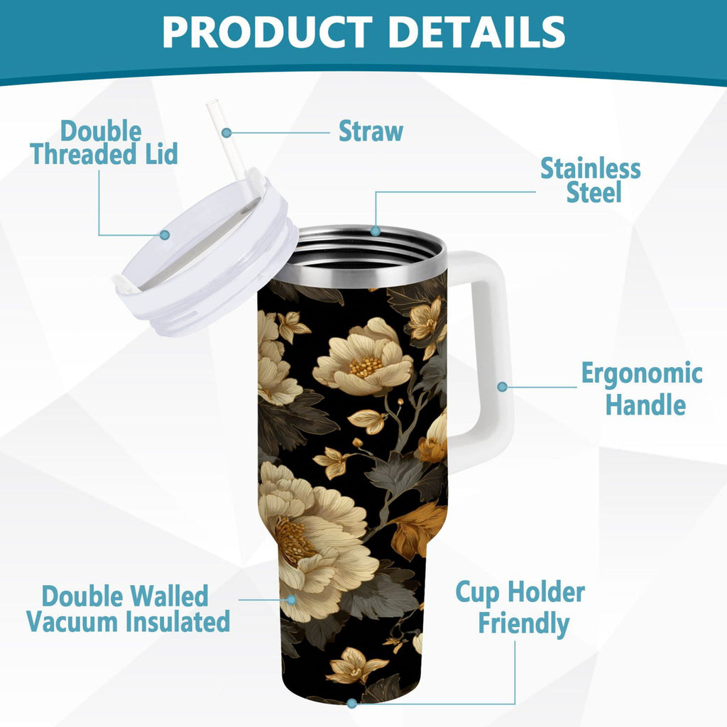 30 oz Insulated Stainless Steel Tumbler Double Wall Stainless Steel Tumbler with 2-Way Drinking Elegant Beige Floral