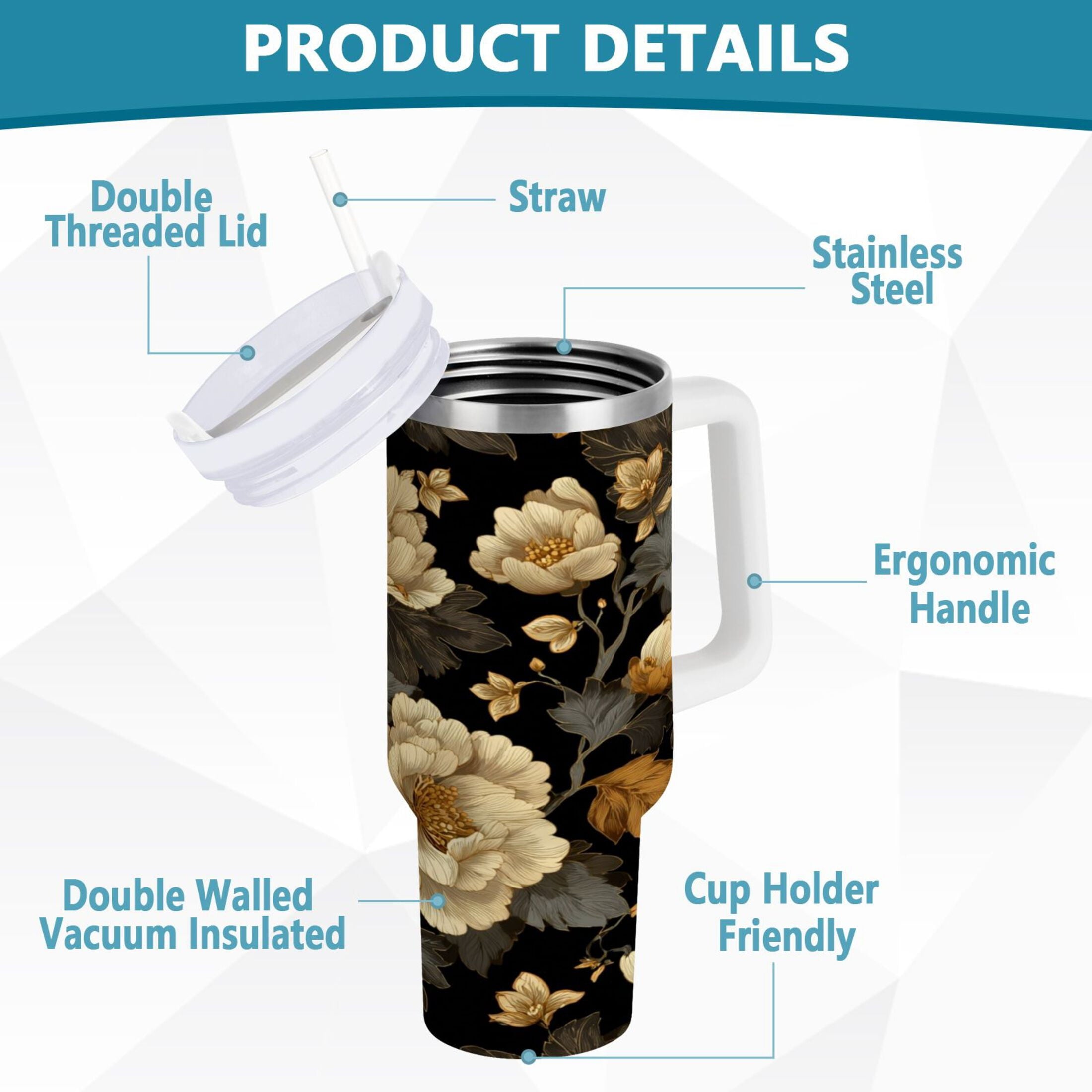 30 oz Insulated Stainless Steel Tumbler Double Wall Stainless Steel Tumbler with 2-Way Drinking Elegant Beige Floral