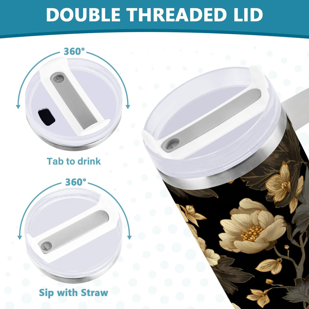 30 oz Insulated Stainless Steel Tumbler Double Wall Stainless Steel Tumbler with 2-Way Drinking Elegant Beige Floral