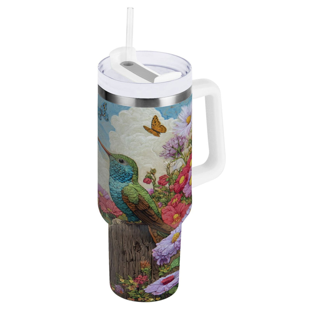 30 oz Insulated Stainless Steel Tumbler Double Wall Stainless Steel Tumbler with 2-Way Drinking Hummingbirds and Flowers