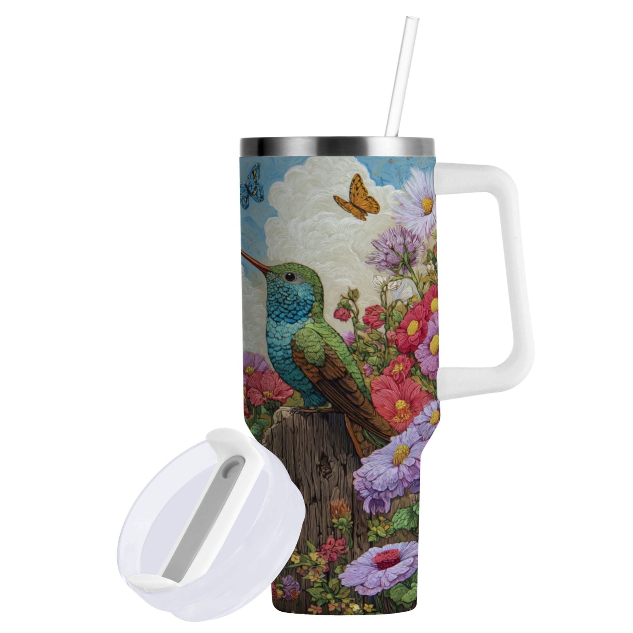 30 oz Insulated Stainless Steel Tumbler Double Wall Stainless Steel Tumbler with 2-Way Drinking Hummingbirds and Flowers