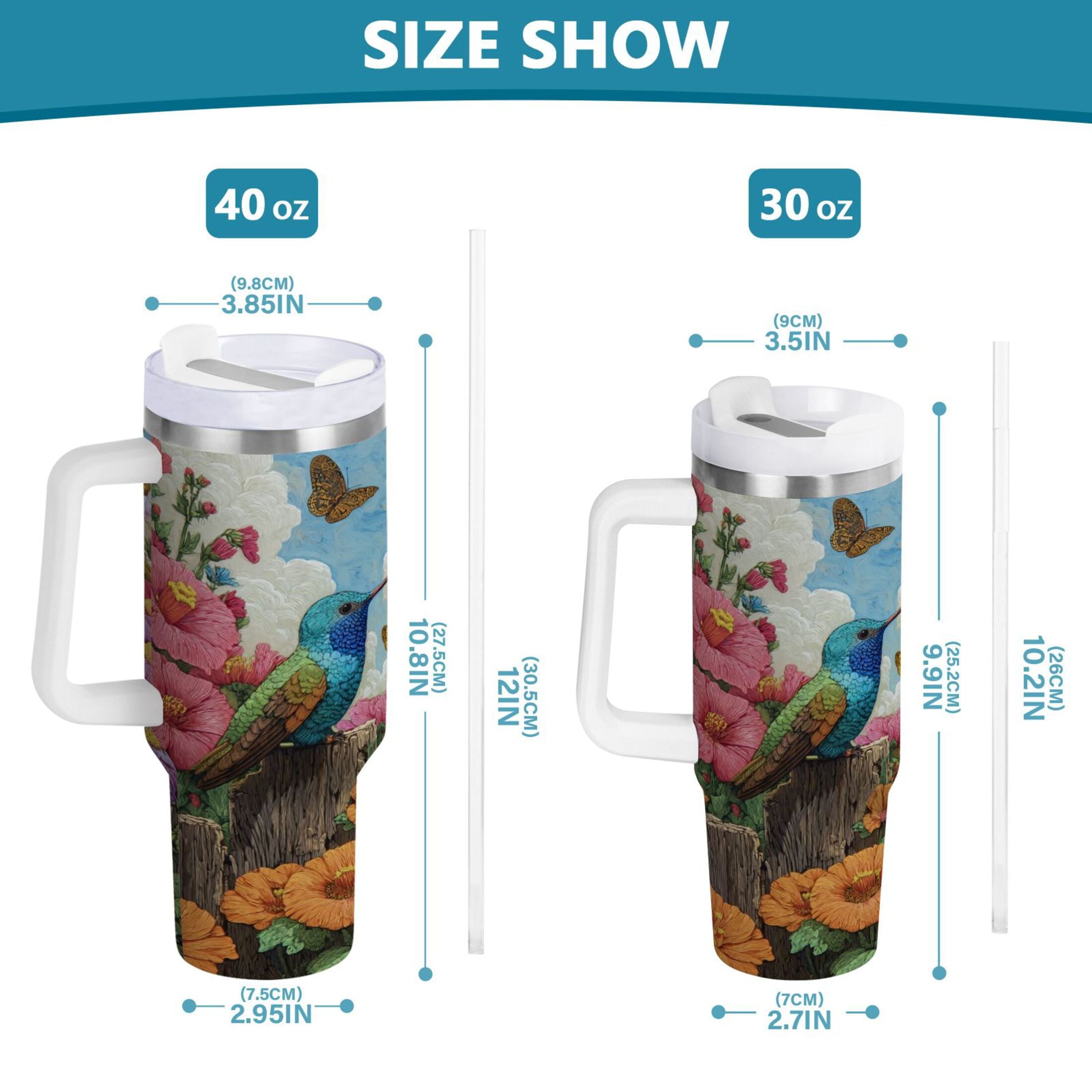 30 oz Insulated Stainless Steel Tumbler Double Wall Stainless Steel Tumbler with 2-Way Drinking Hummingbirds and Flowers