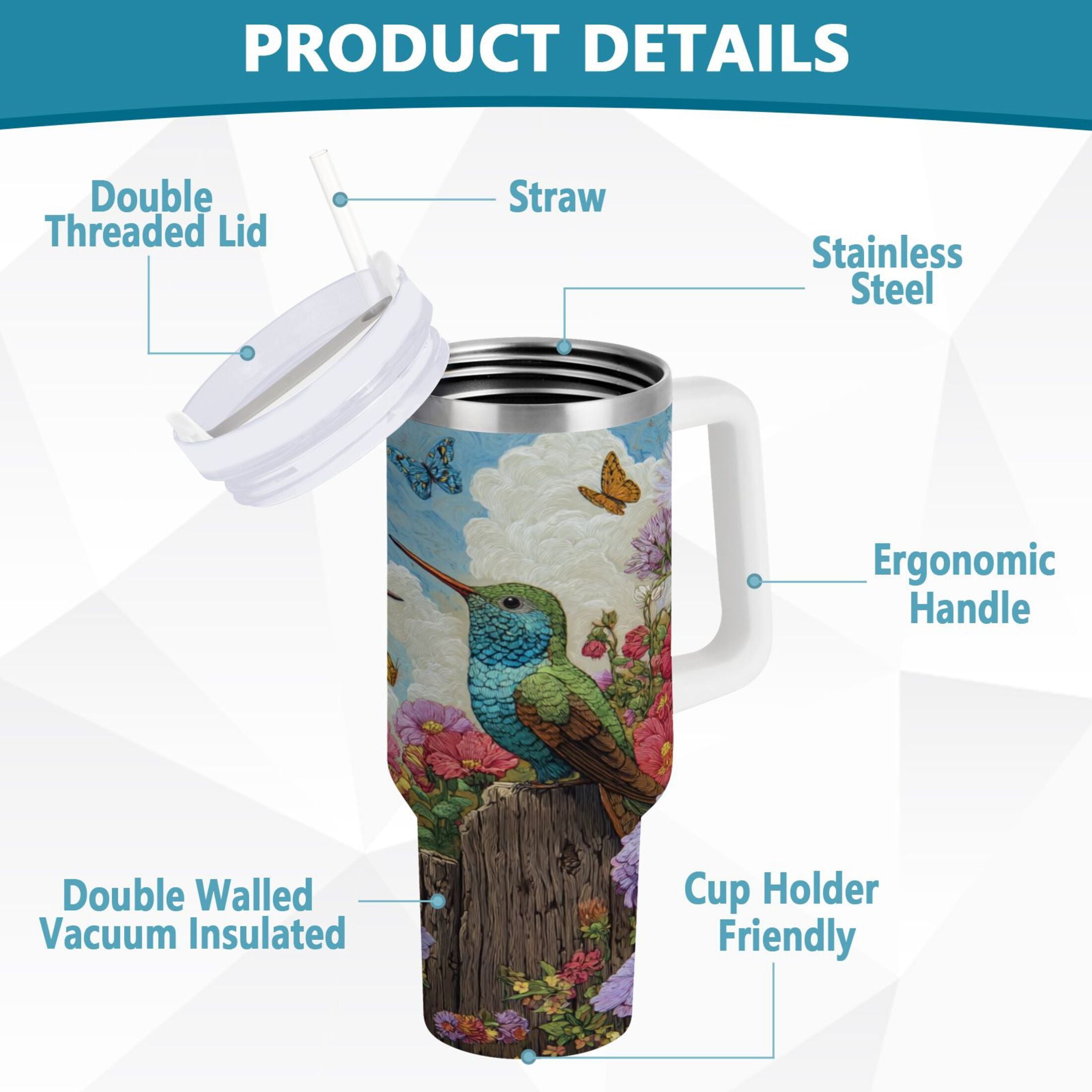 30 oz Insulated Stainless Steel Tumbler Double Wall Stainless Steel Tumbler with 2-Way Drinking Hummingbirds and Flowers