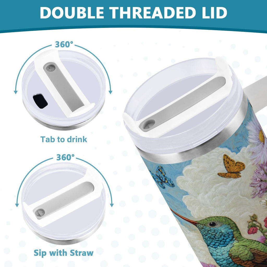 30 oz Insulated Stainless Steel Tumbler Double Wall Stainless Steel Tumbler with 2-Way Drinking Hummingbirds and Flowers