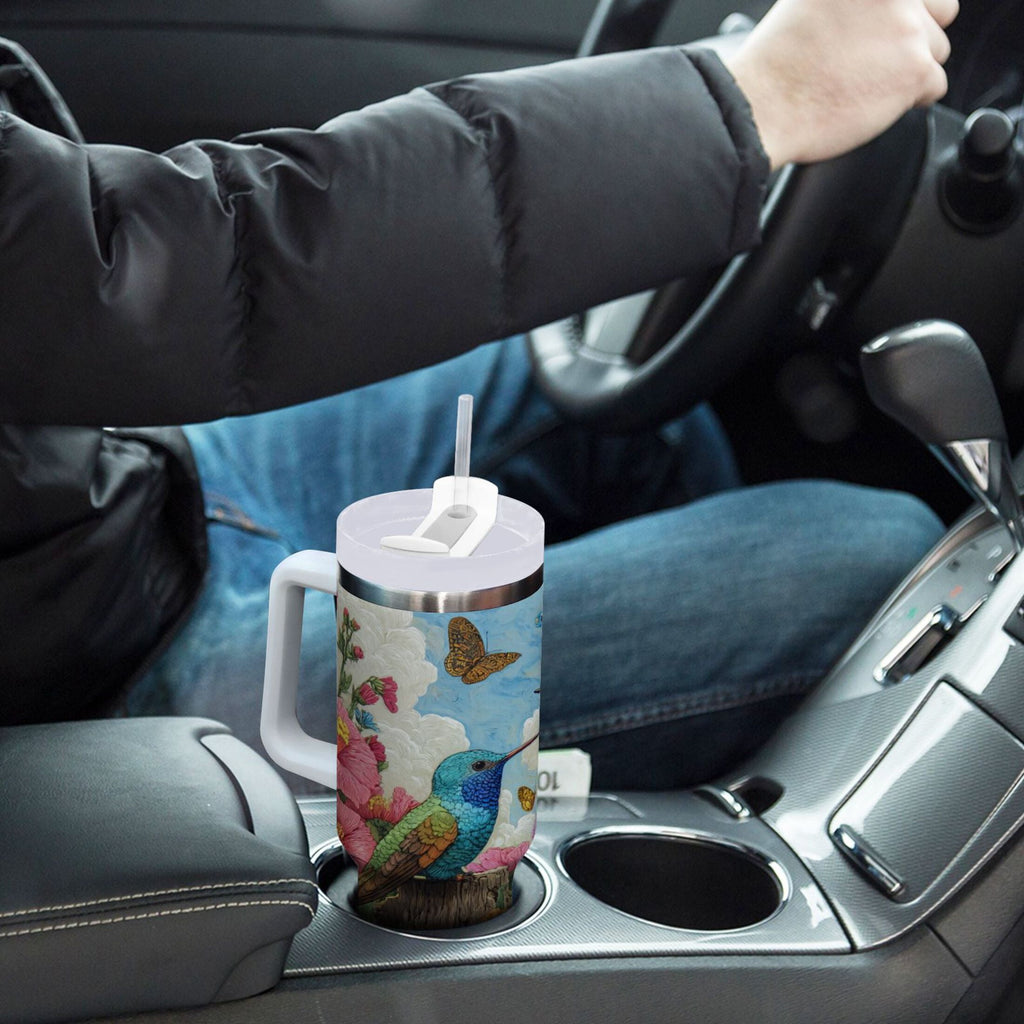30 oz Insulated Stainless Steel Tumbler Double Wall Stainless Steel Tumbler with 2-Way Drinking Hummingbirds and Flowers