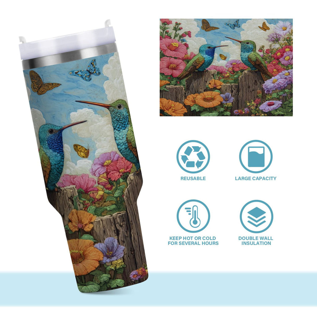 30 oz Insulated Stainless Steel Tumbler Double Wall Stainless Steel Tumbler with 2-Way Drinking Hummingbirds and Flowers