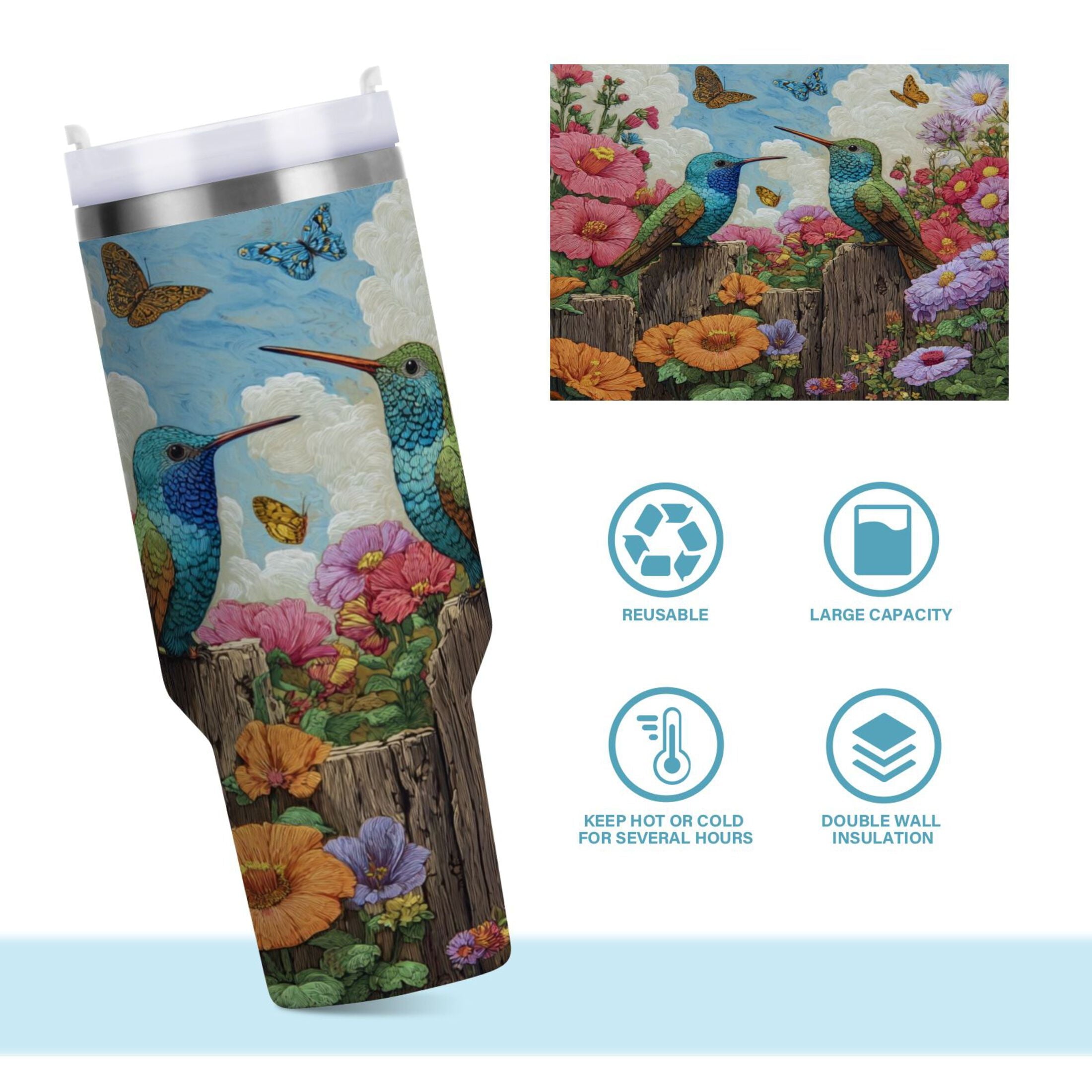 30 oz Insulated Stainless Steel Tumbler Double Wall Stainless Steel Tumbler with 2-Way Drinking Hummingbirds and Flowers