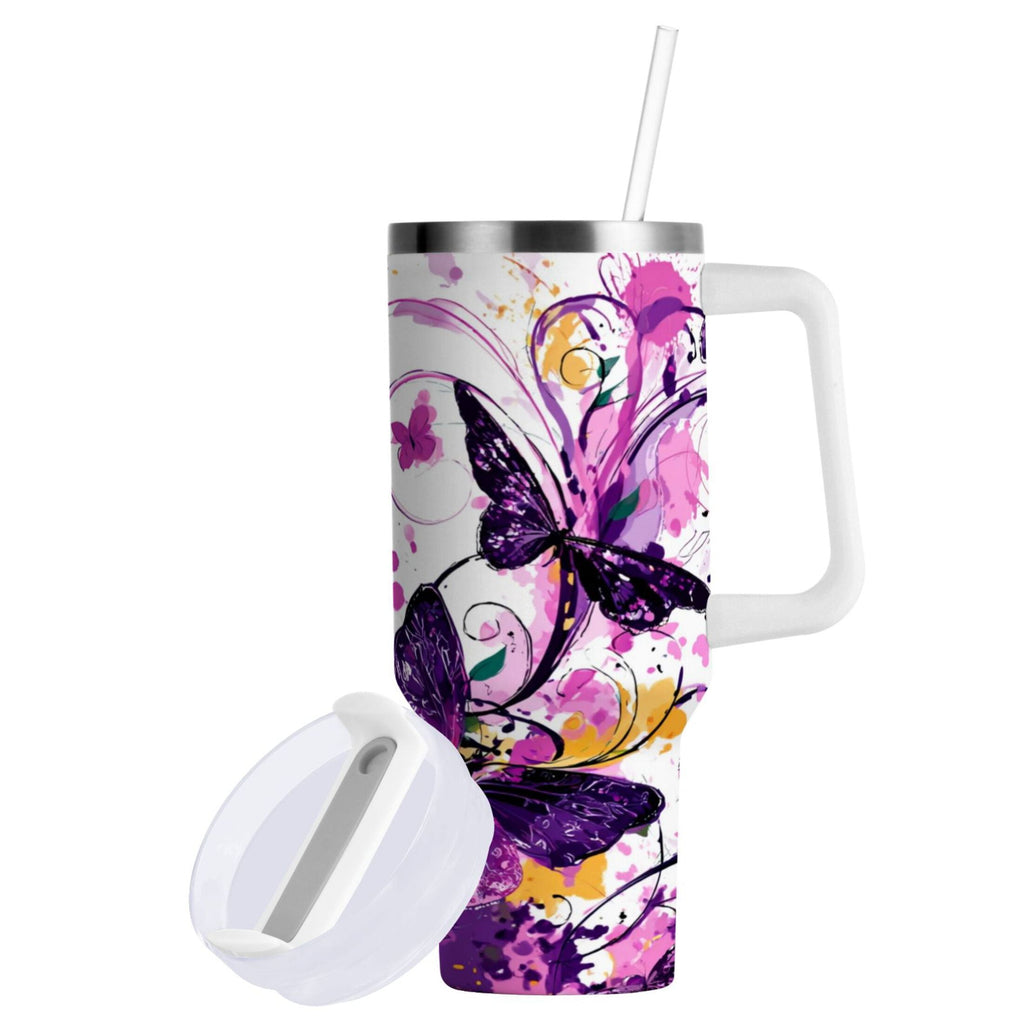 40 oz Insulated Stainless Steel Tumbler Double Wall Stainless Steel Tumbler with 2-Way Drinking Purple Butterfly