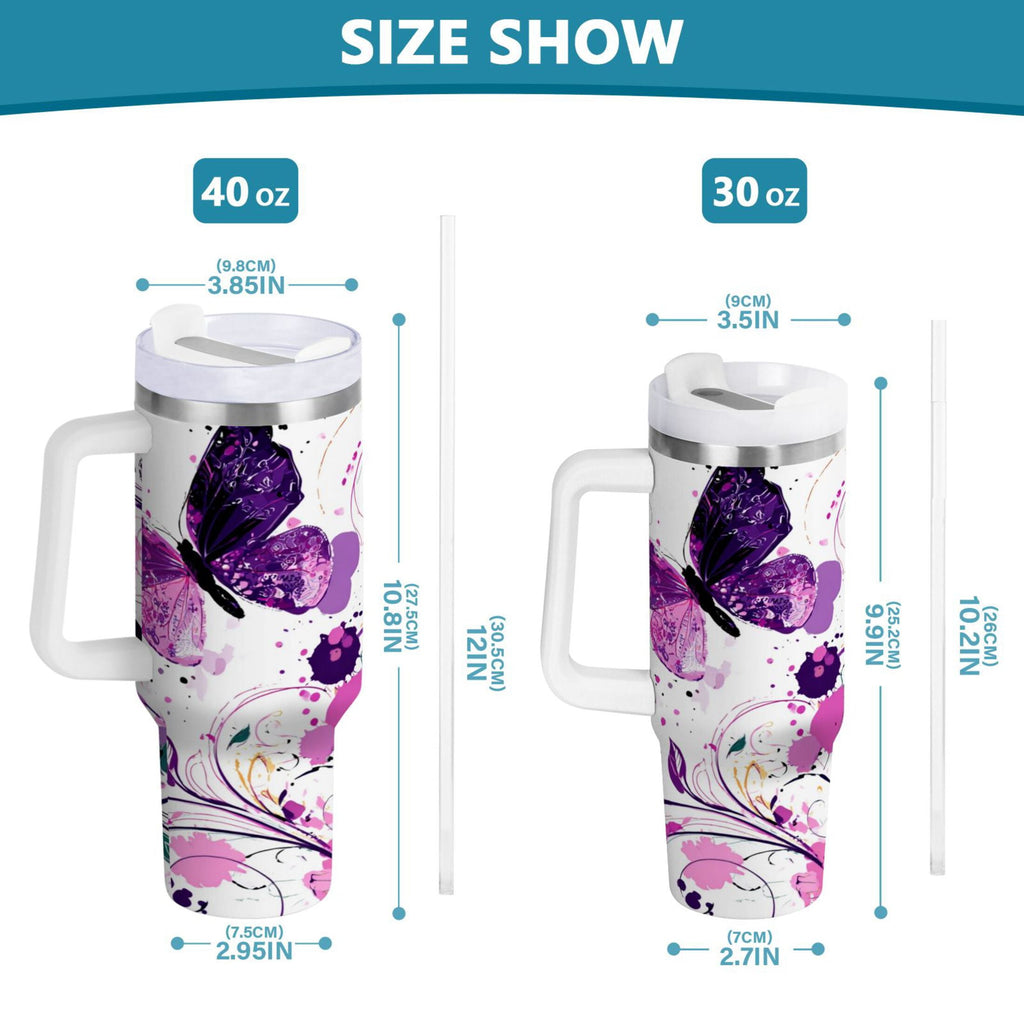 40 oz Insulated Stainless Steel Tumbler Double Wall Stainless Steel Tumbler with 2-Way Drinking Purple Butterfly