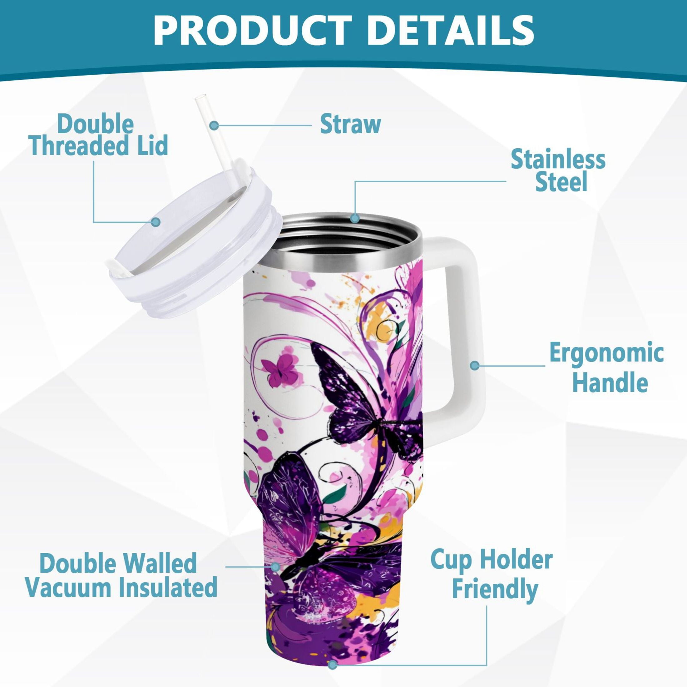 40 oz Insulated Stainless Steel Tumbler Double Wall Stainless Steel Tumbler with 2-Way Drinking Purple Butterfly