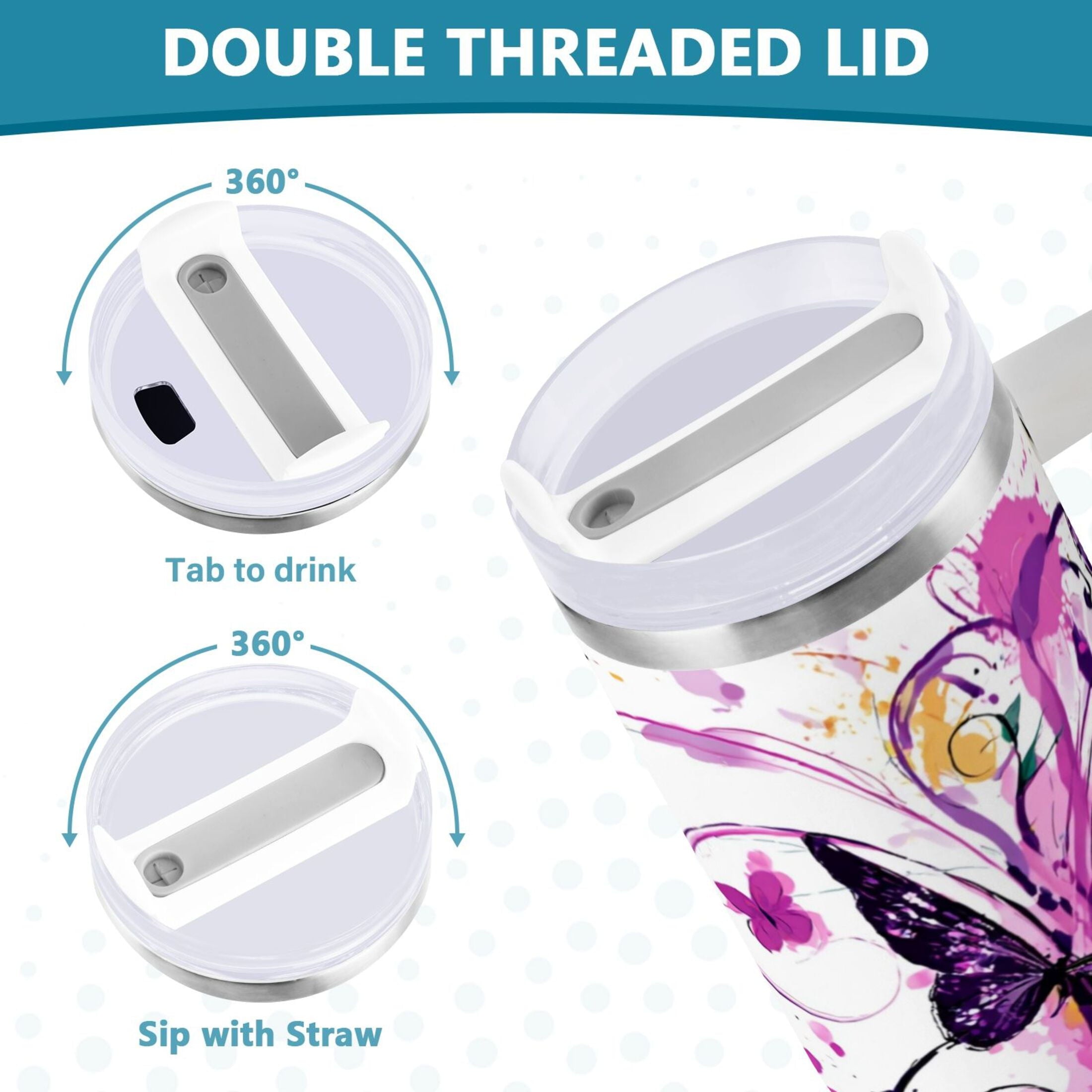 40 oz Insulated Stainless Steel Tumbler Double Wall Stainless Steel Tumbler with 2-Way Drinking Purple Butterfly