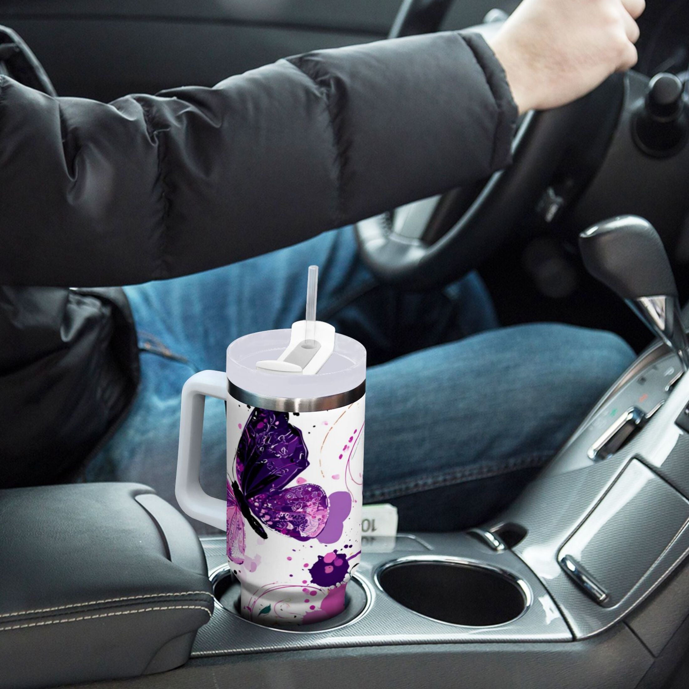 40 oz Insulated Stainless Steel Tumbler Double Wall Stainless Steel Tumbler with 2-Way Drinking Purple Butterfly