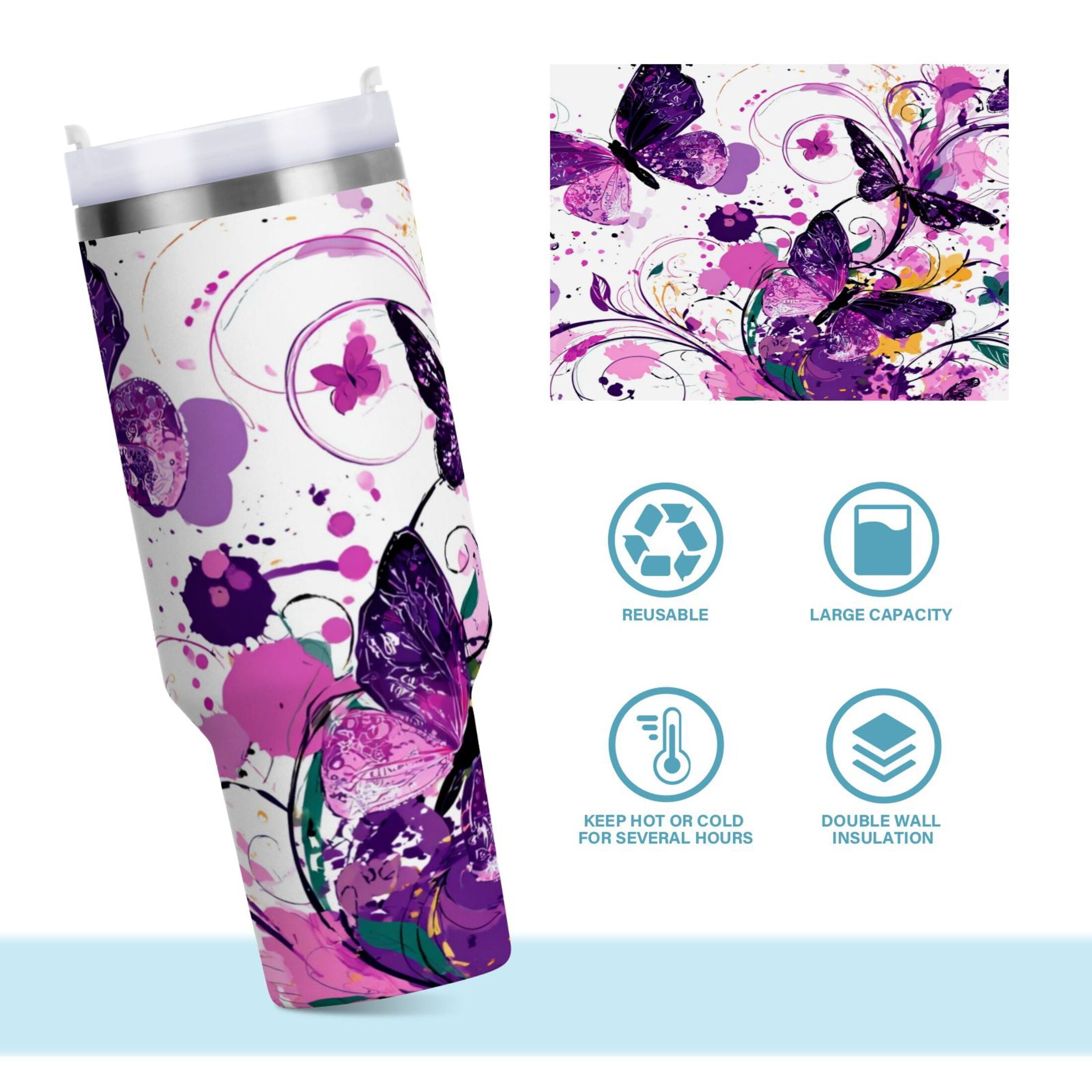 40 oz Insulated Stainless Steel Tumbler Double Wall Stainless Steel Tumbler with 2-Way Drinking Purple Butterfly