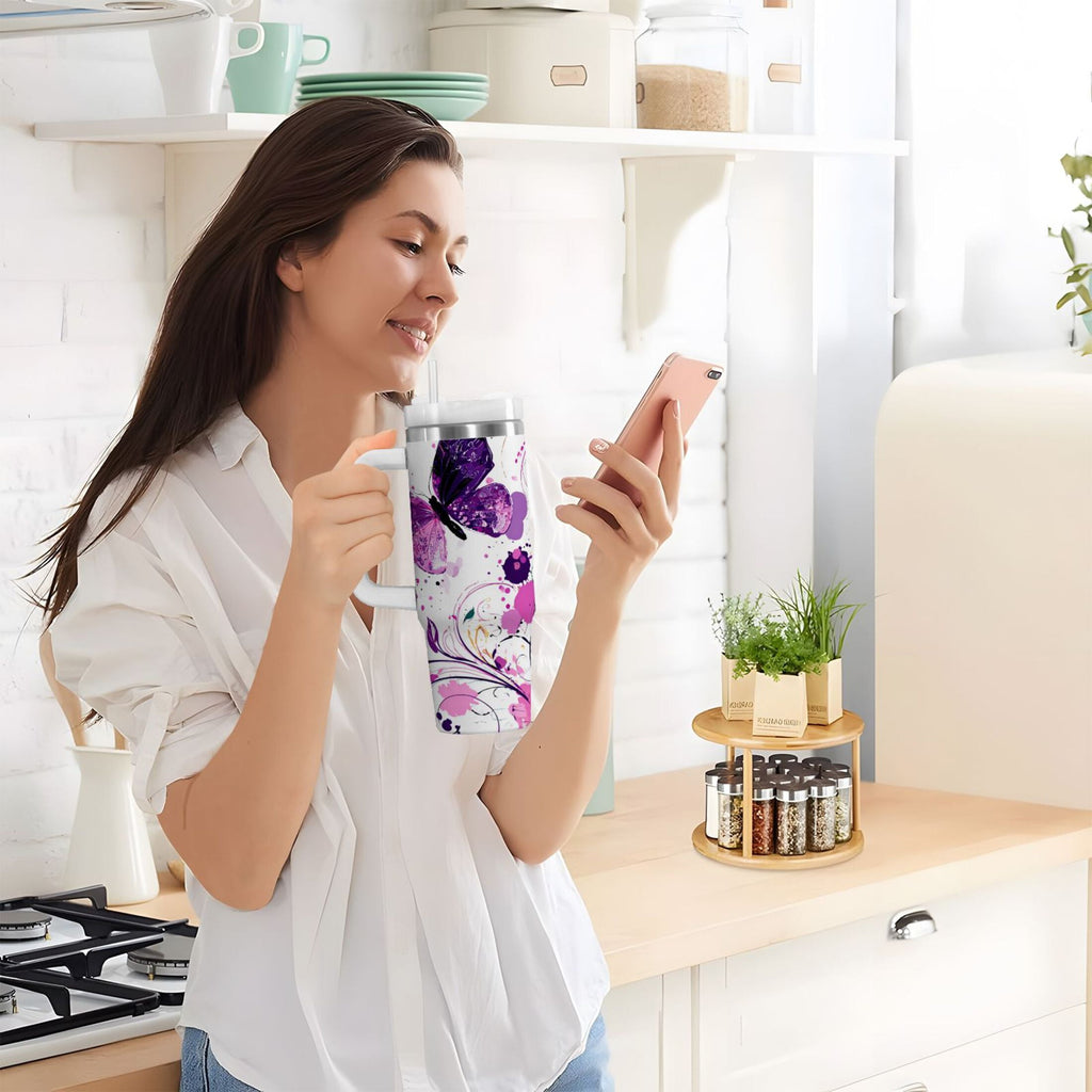 40 oz Insulated Stainless Steel Tumbler Double Wall Stainless Steel Tumbler with 2-Way Drinking Purple Butterfly