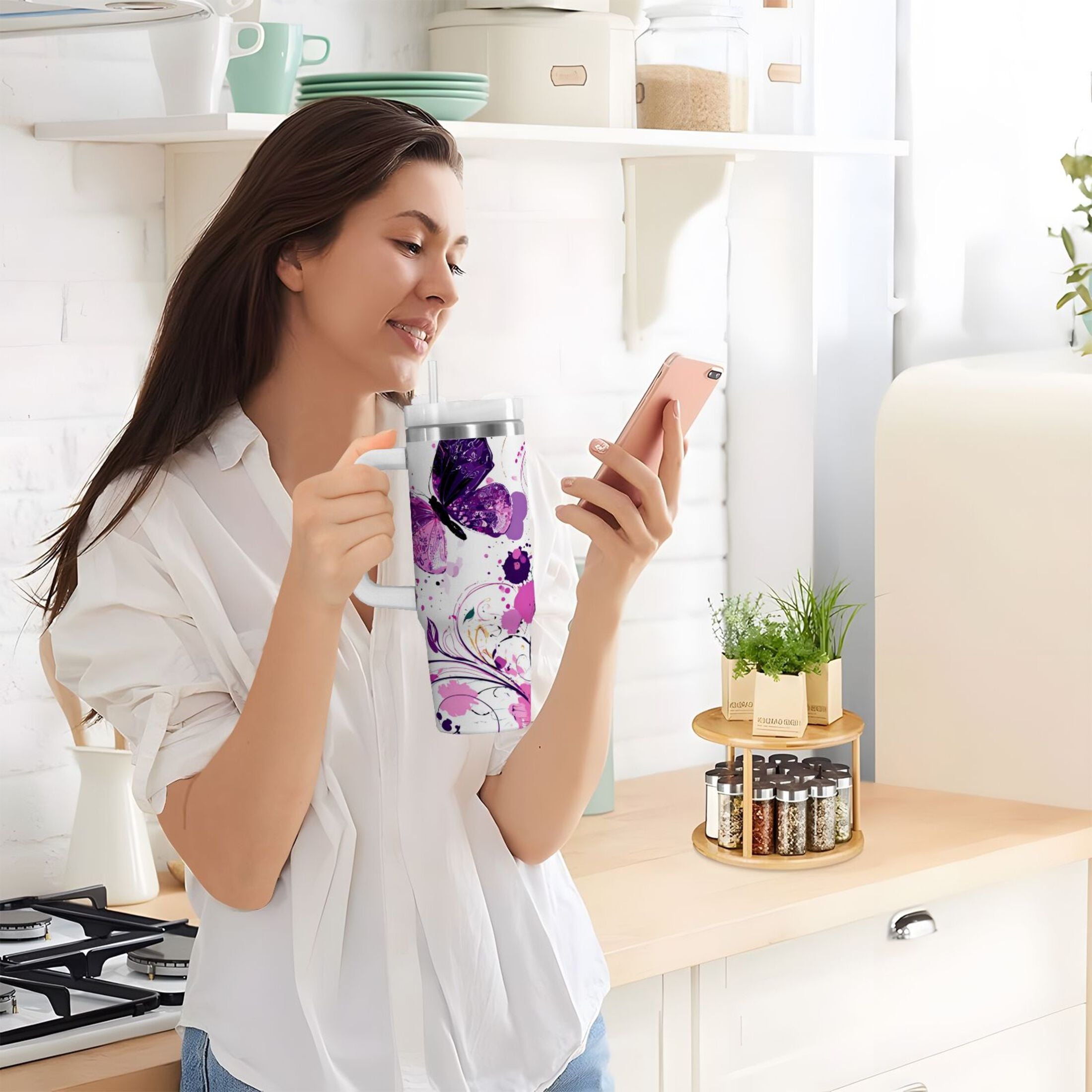 40 oz Insulated Stainless Steel Tumbler Double Wall Stainless Steel Tumbler with 2-Way Drinking Purple Butterfly