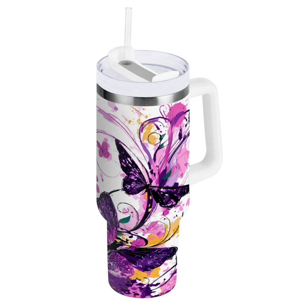 40 oz Insulated Stainless Steel Tumbler Double Wall Stainless Steel Tumbler with 2-Way Drinking Purple Butterfly