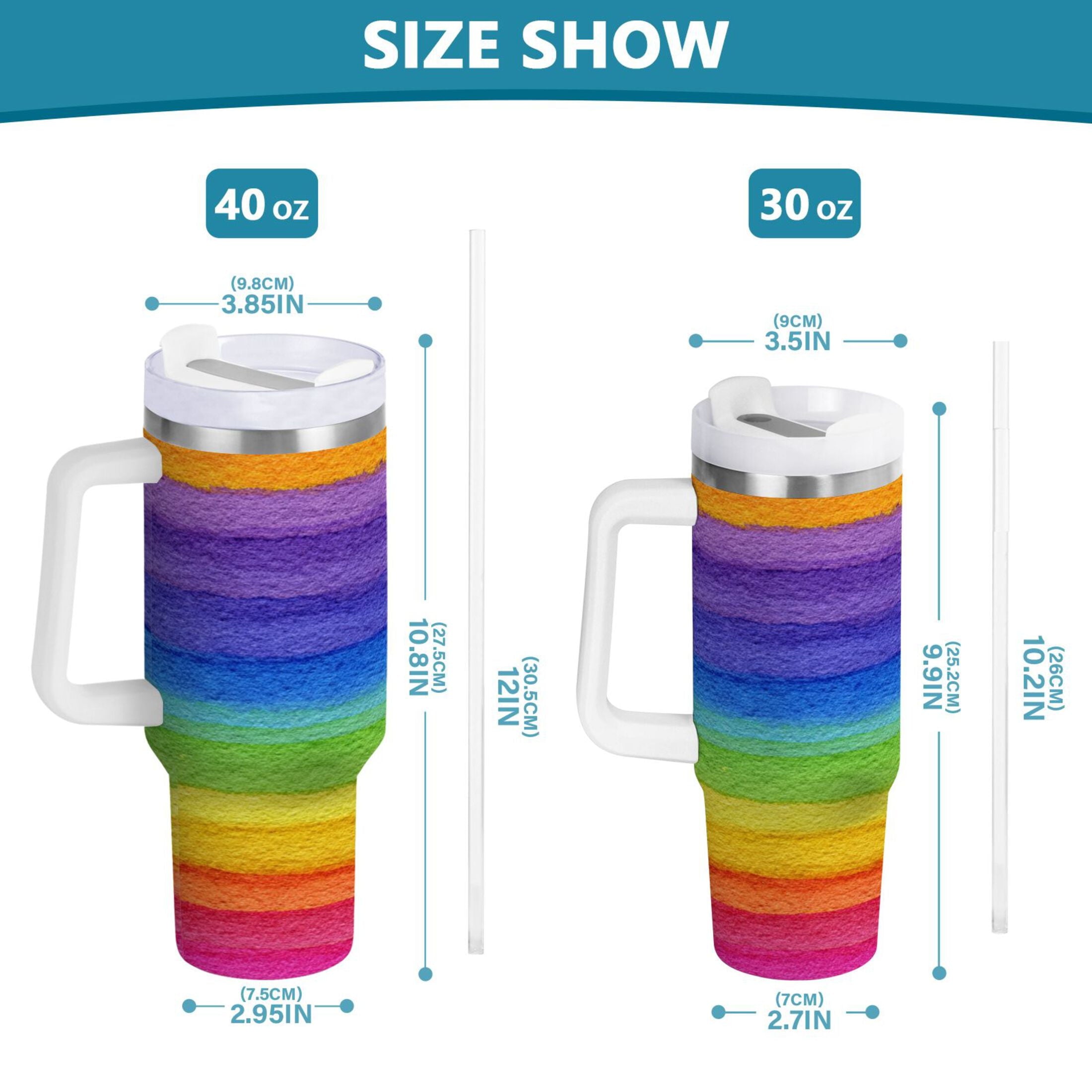 30 oz Insulated Stainless Steel Tumbler Double Wall Stainless Steel Tumbler with 2-Way Drinking Watercolor Rainbow Colors