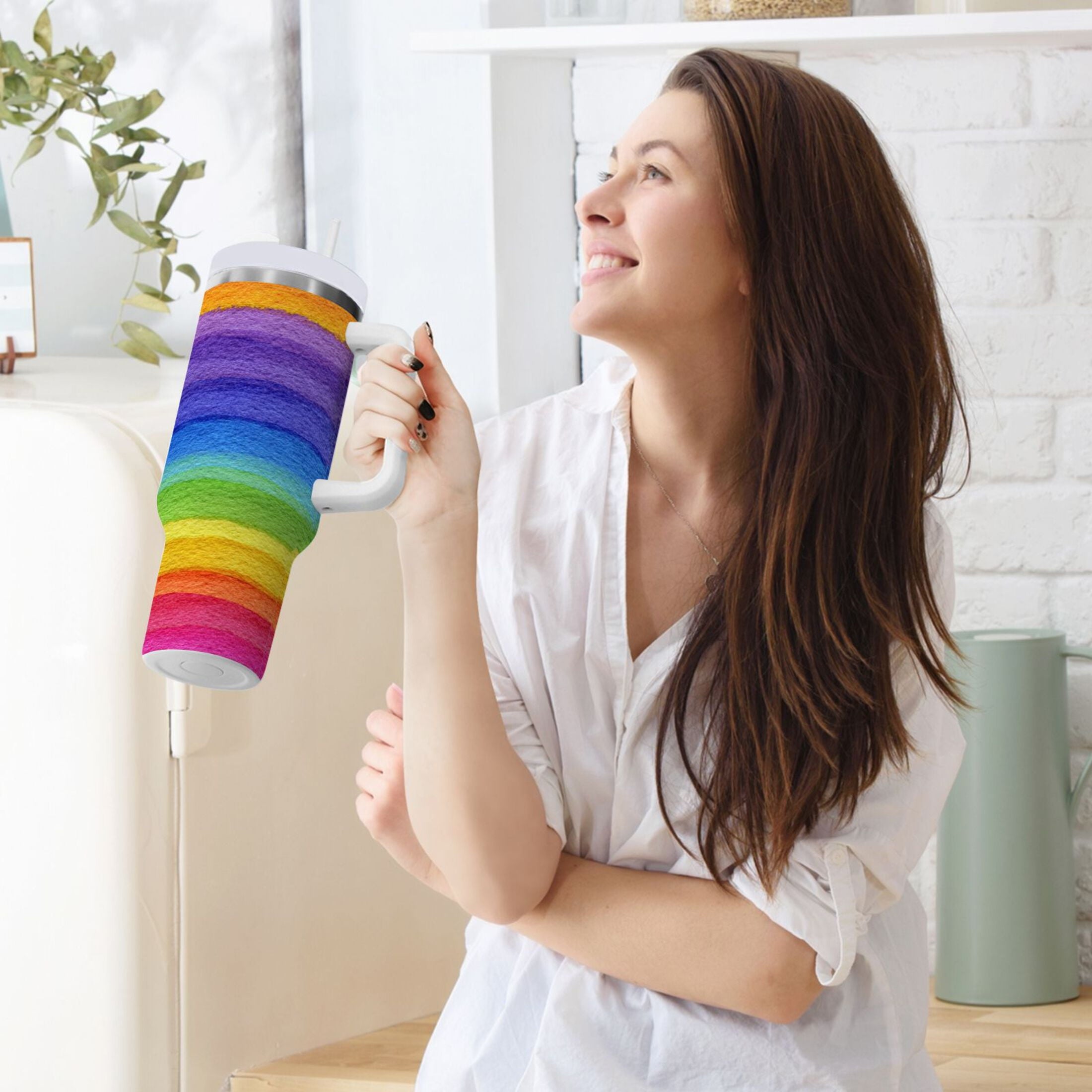 30 oz Insulated Stainless Steel Tumbler Double Wall Stainless Steel Tumbler with 2-Way Drinking Watercolor Rainbow Colors